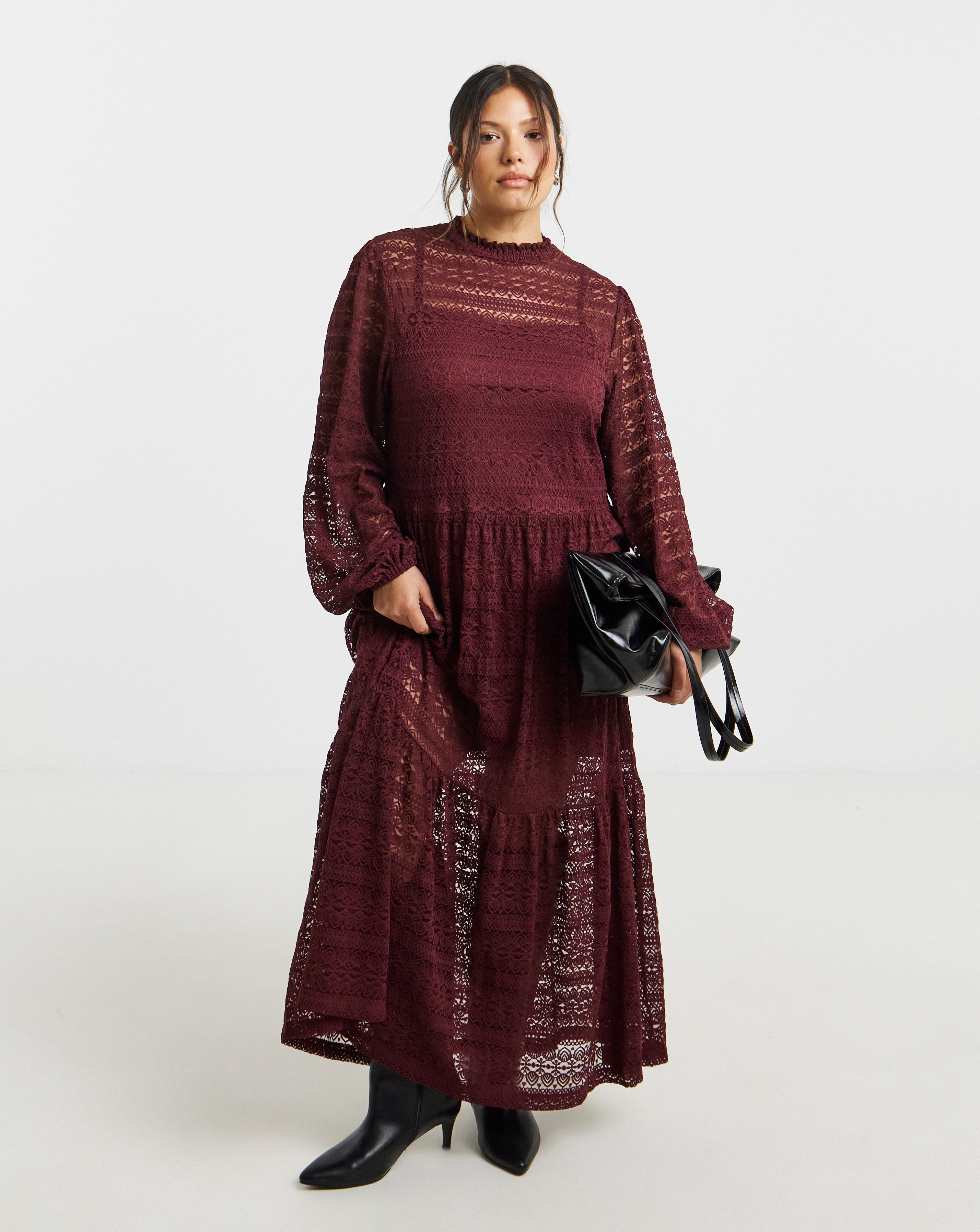Burgundy Tiered Lace Maxi Dress