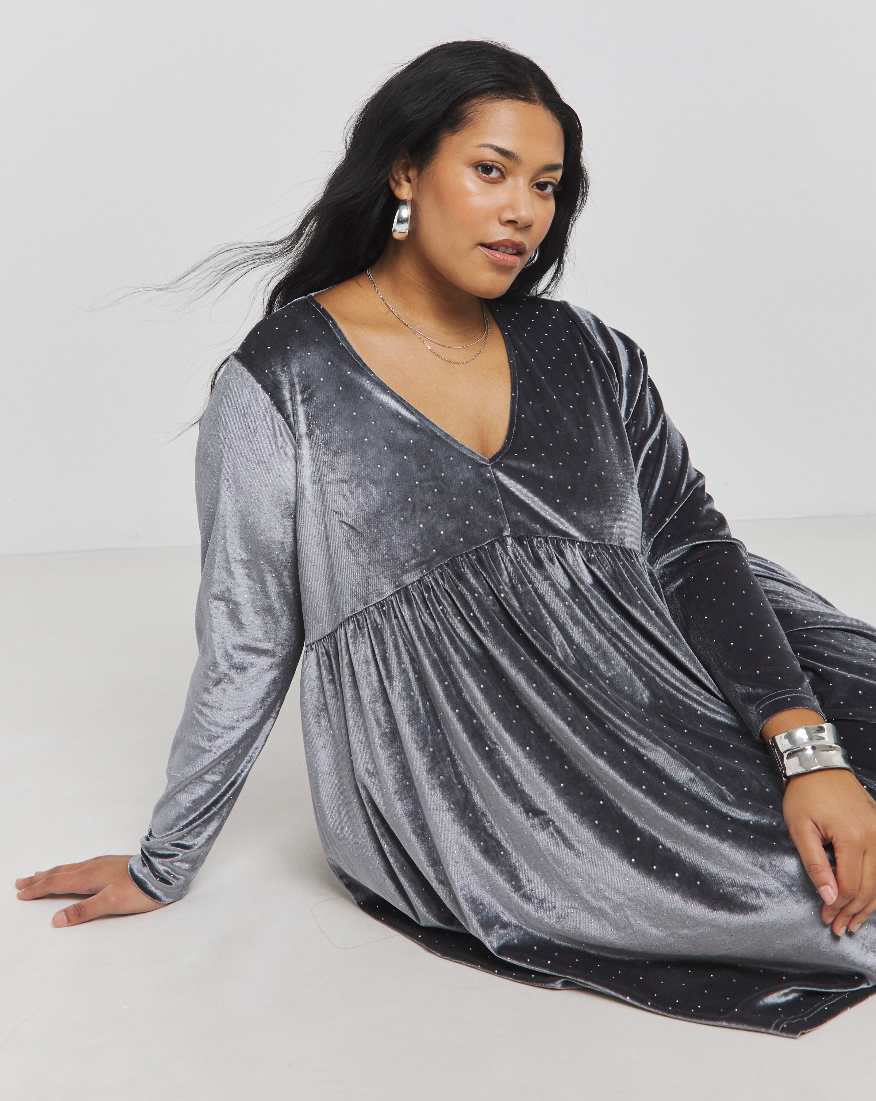 Simply Be - Women's Grey Velour Hotfix Smock Dress - Size 10 - Silver grey - 93% Recycled Polyester 7% Elastane