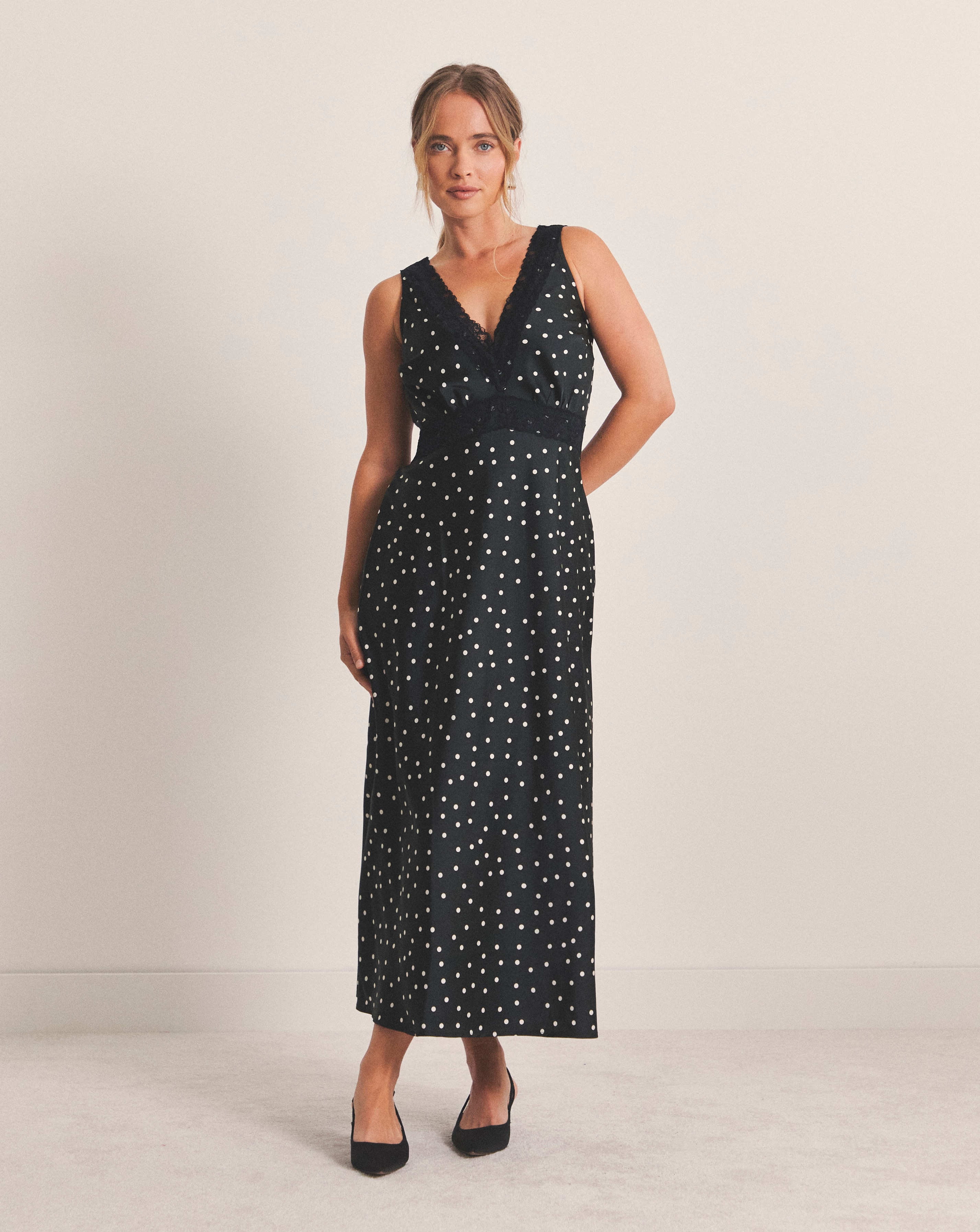 Simply Be - Women's Spot Print Lace Trim Slip Dress - Size 10 - Spot print - 97% Polyester 3% Elastane