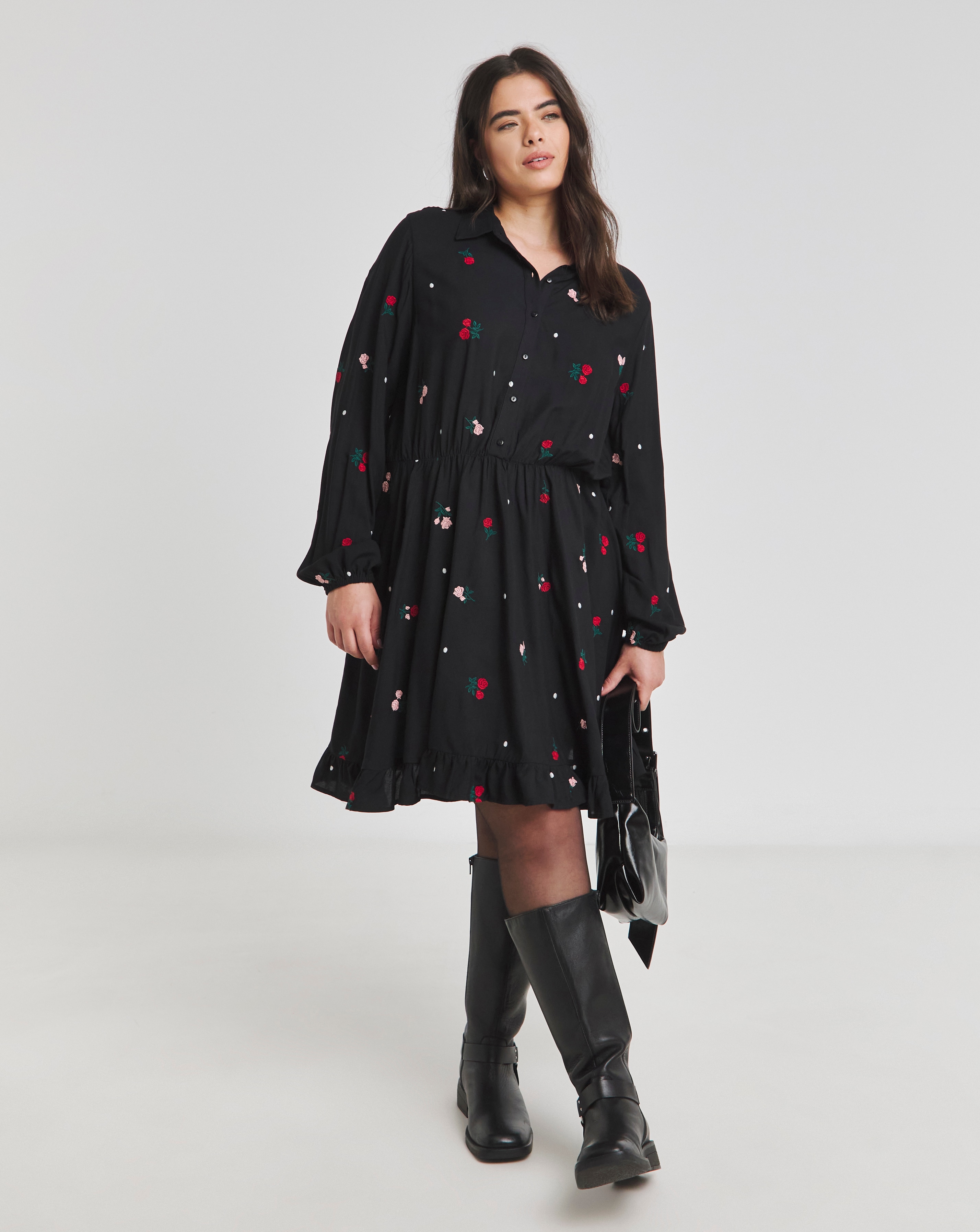 Simply Be - Women's Black Embroidered Shirt Dress - Size 10 - Black - 100% Viscose