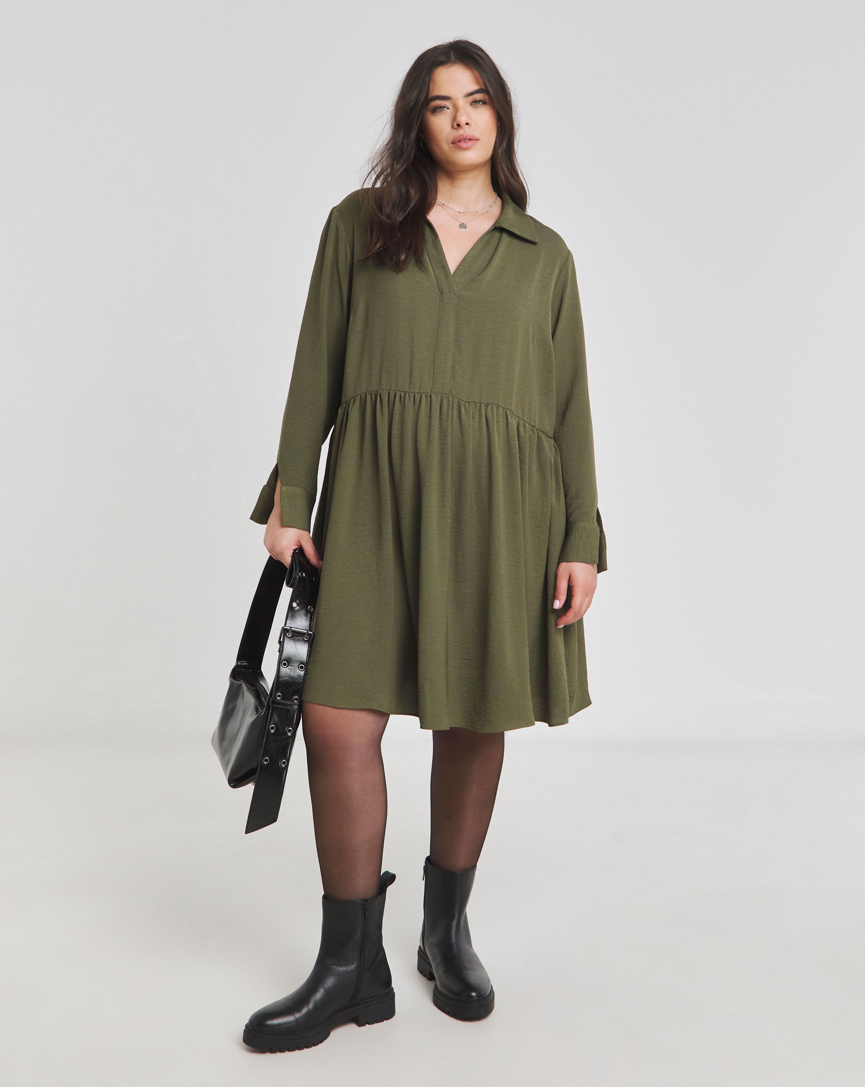Simply Be - Women's Khaki Herringbone Smock Dress - Size 10 - Khaki - 100% Polyester