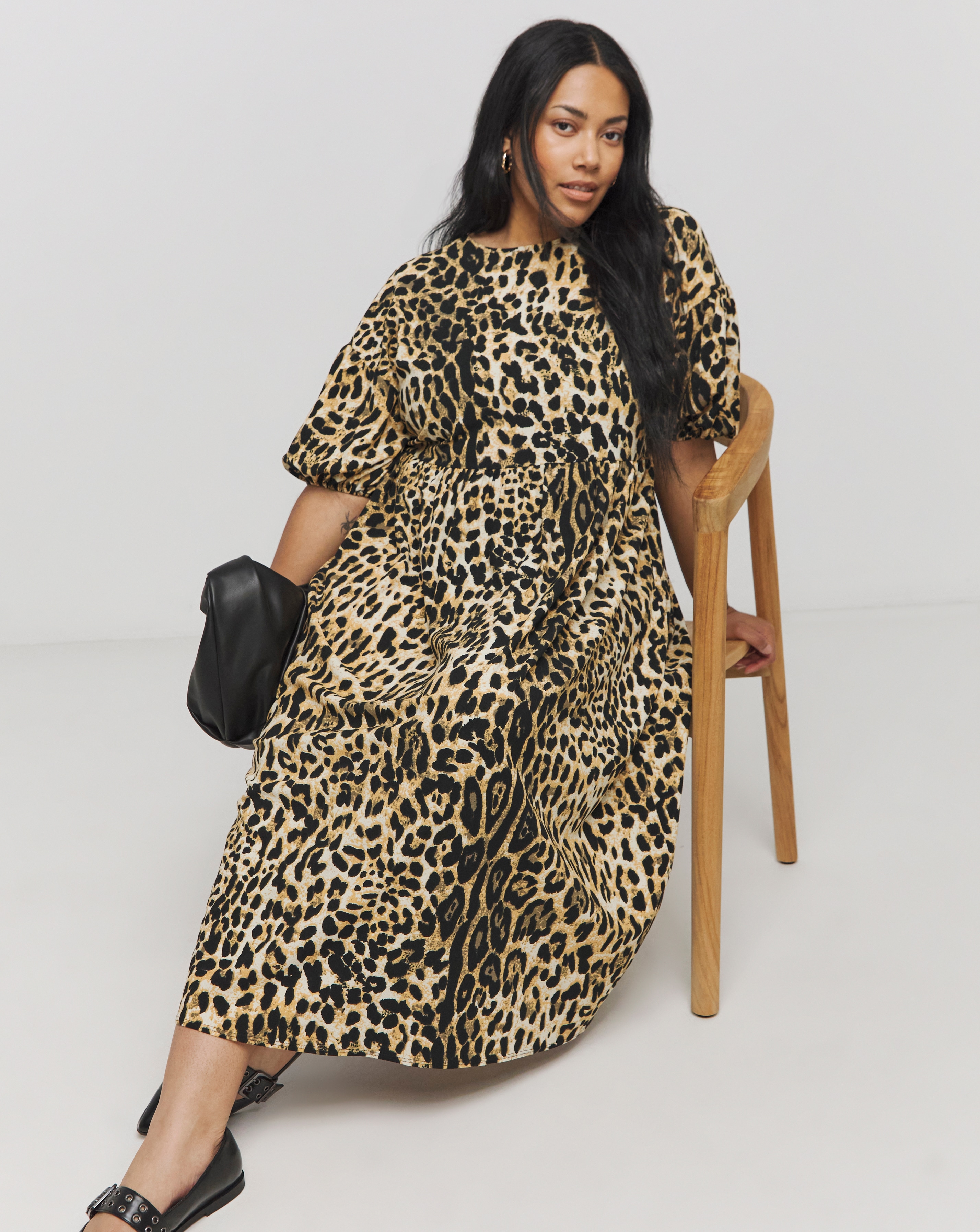 Simply Be - Women's Bow Detail Waffle Midi Dress - Size 12 - Leopard - 98% Polyester 2% Elastane