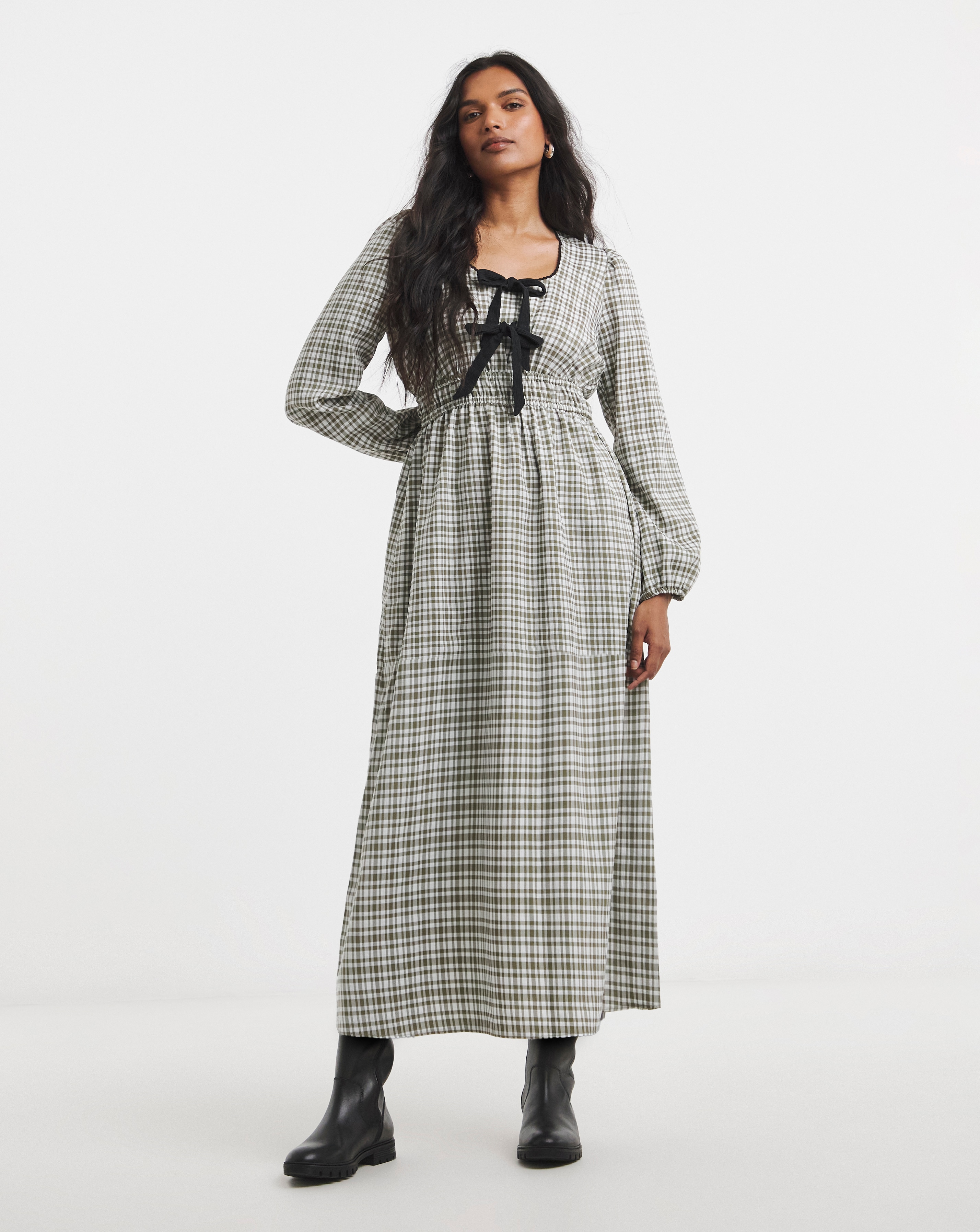 Simply Be - Women's Checked Bow Detail Midaxi Dress - Size 10 - Green check - 97% Polyester 3% Elastane