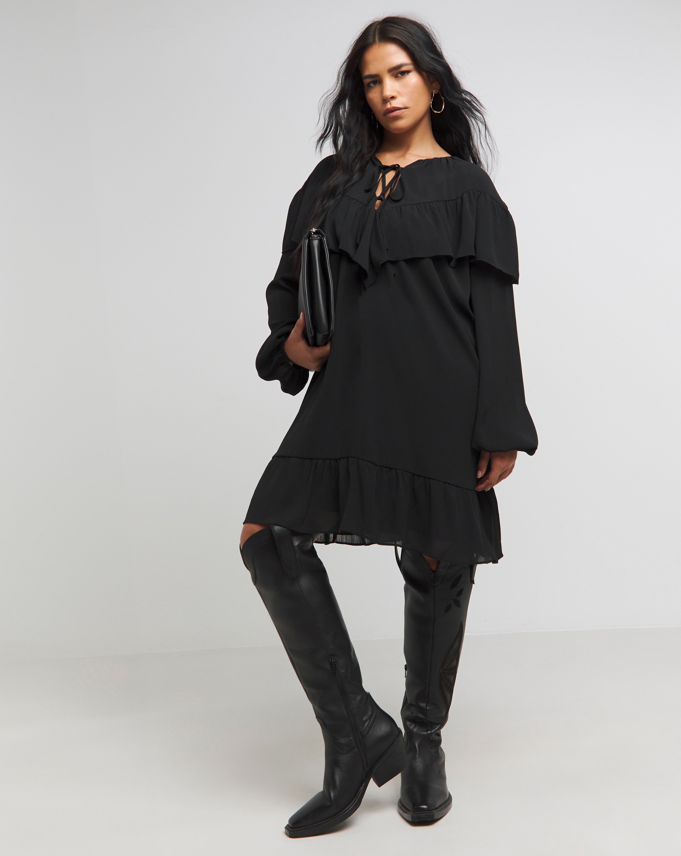 Simply Be - Women's Black Georgette Frill Smock Dress - Size 10 - Black
