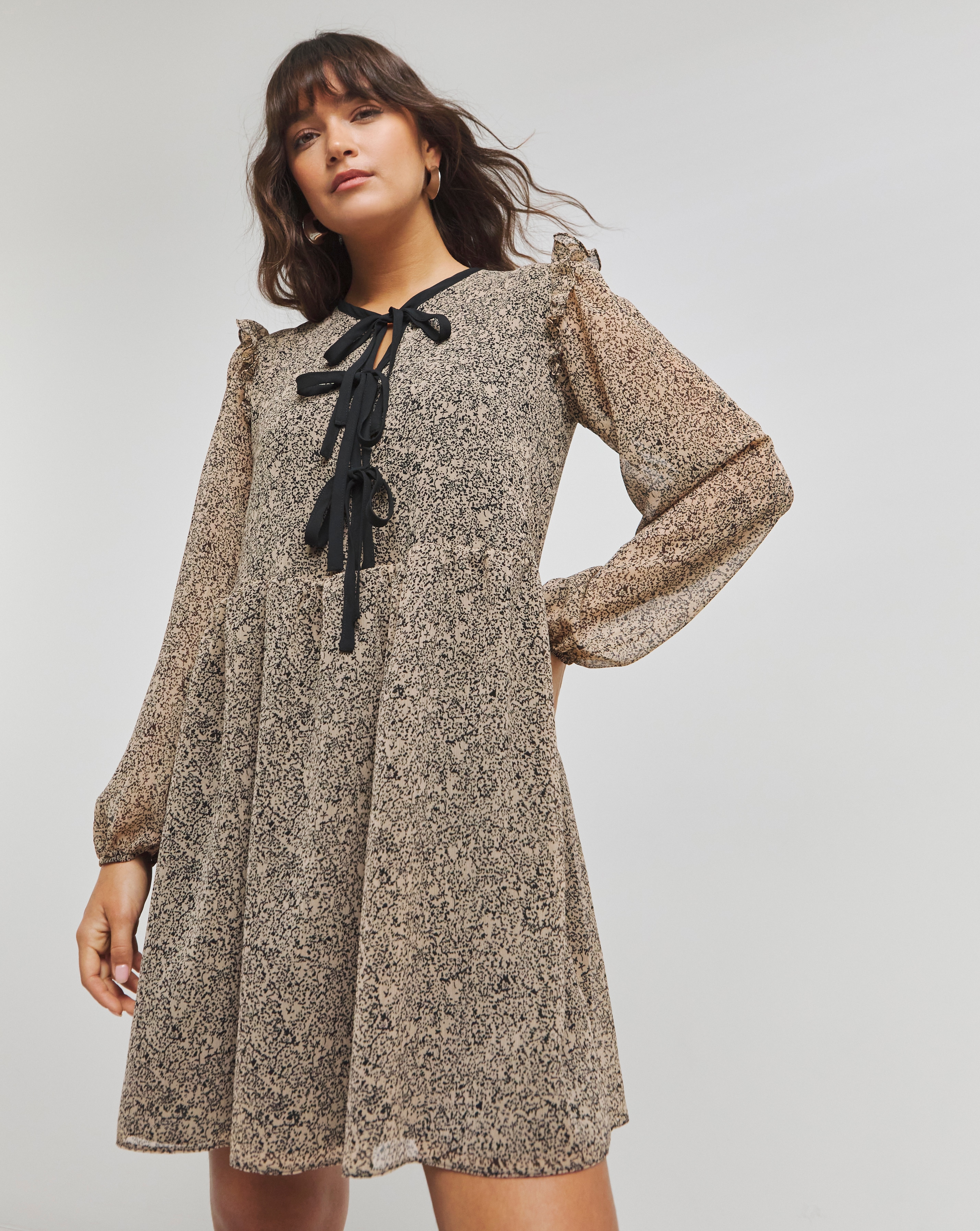 Simply Be - Women's Bow Front Georgette Skater - Size 10 - Brown print