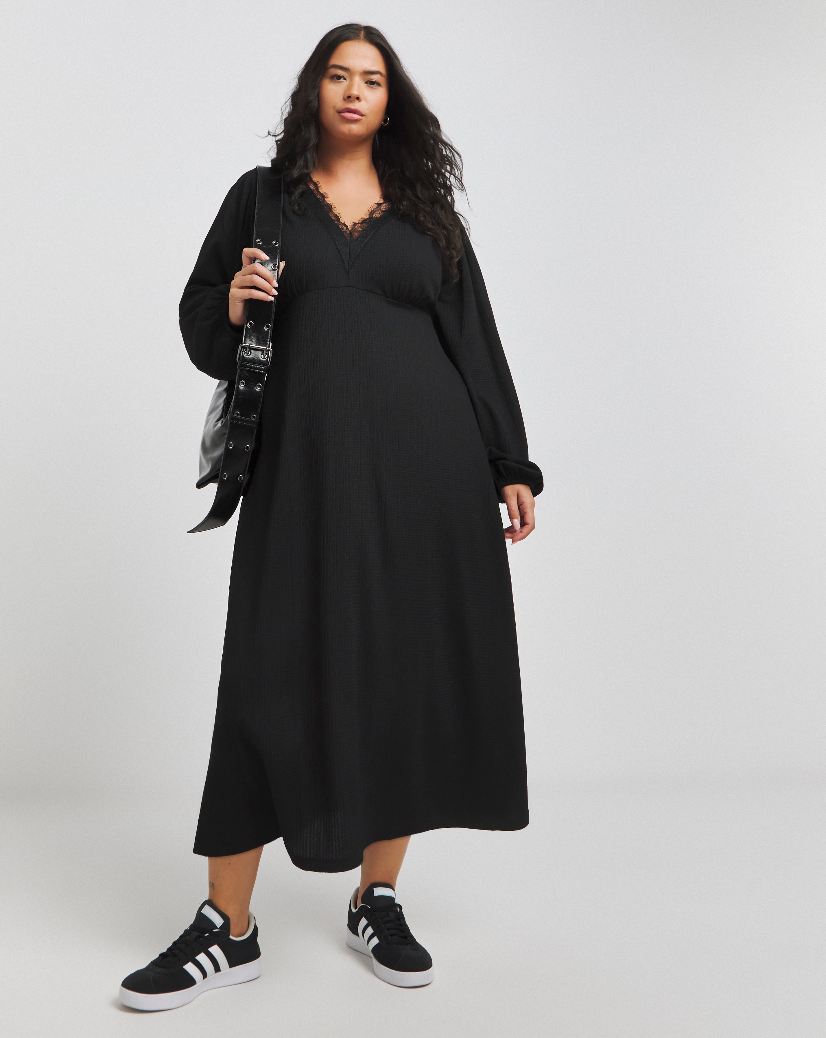 Simply Be - Women's Waffle Lace Trim Midi Dress - Size 16 - Black - 98% Recycled Polyester 2% Elastane