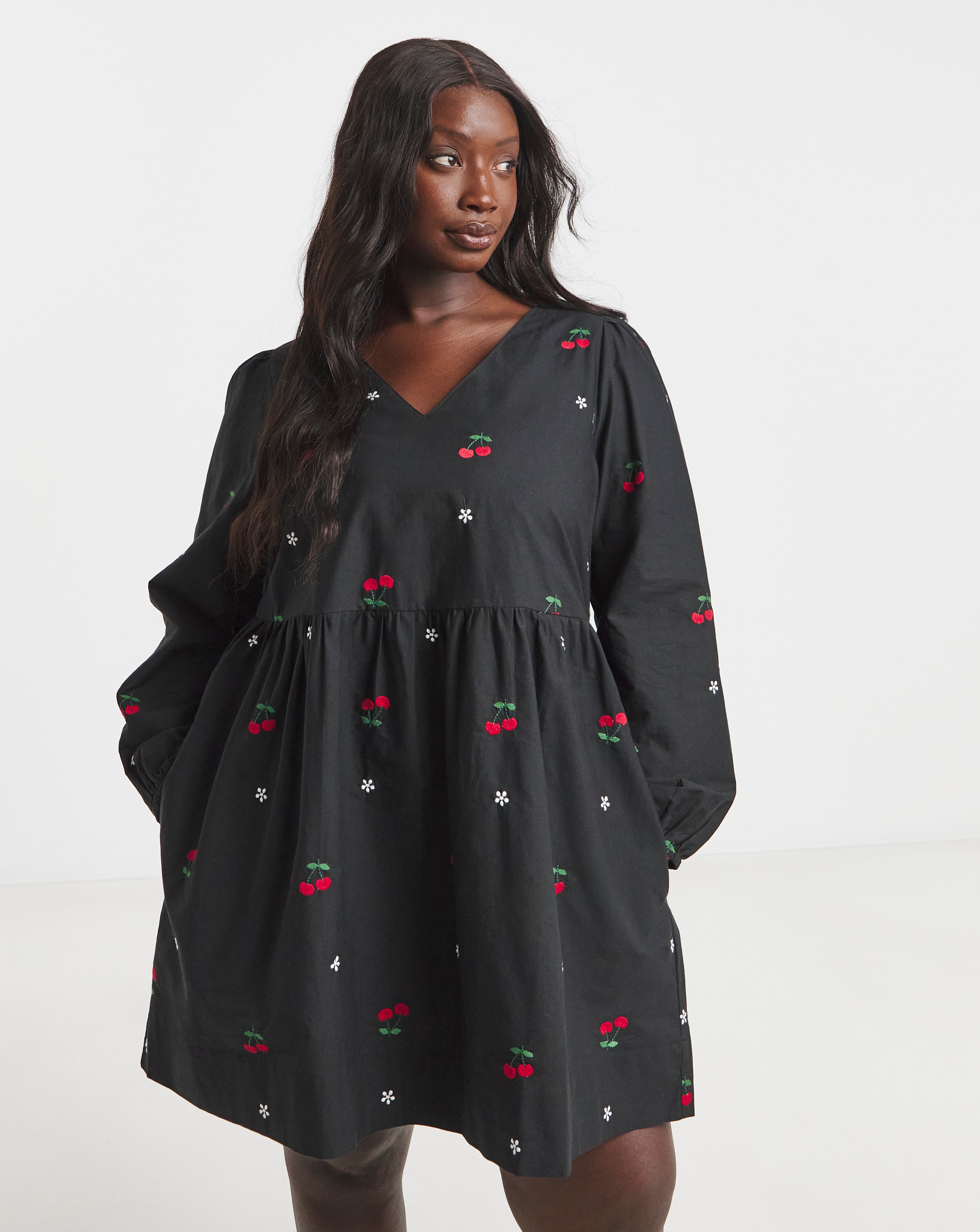 Simply Be - Women's Cherry Embroidered Smock Dress - Size 10 - Black - 100% Cotton