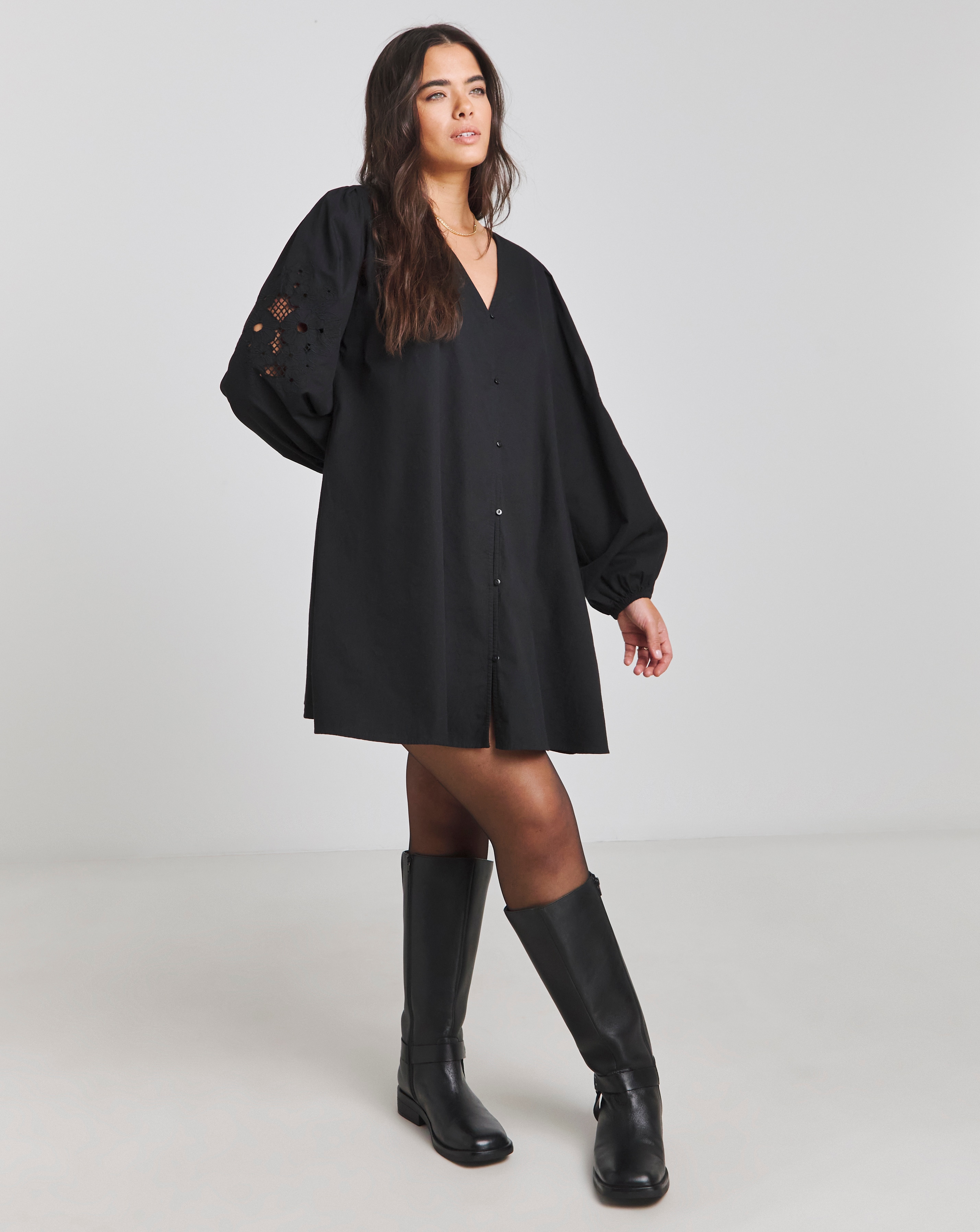 Simply Be - Women's Black Embroidered Sleeve Swing Dress - Size 10 - Black - 100% Cotton