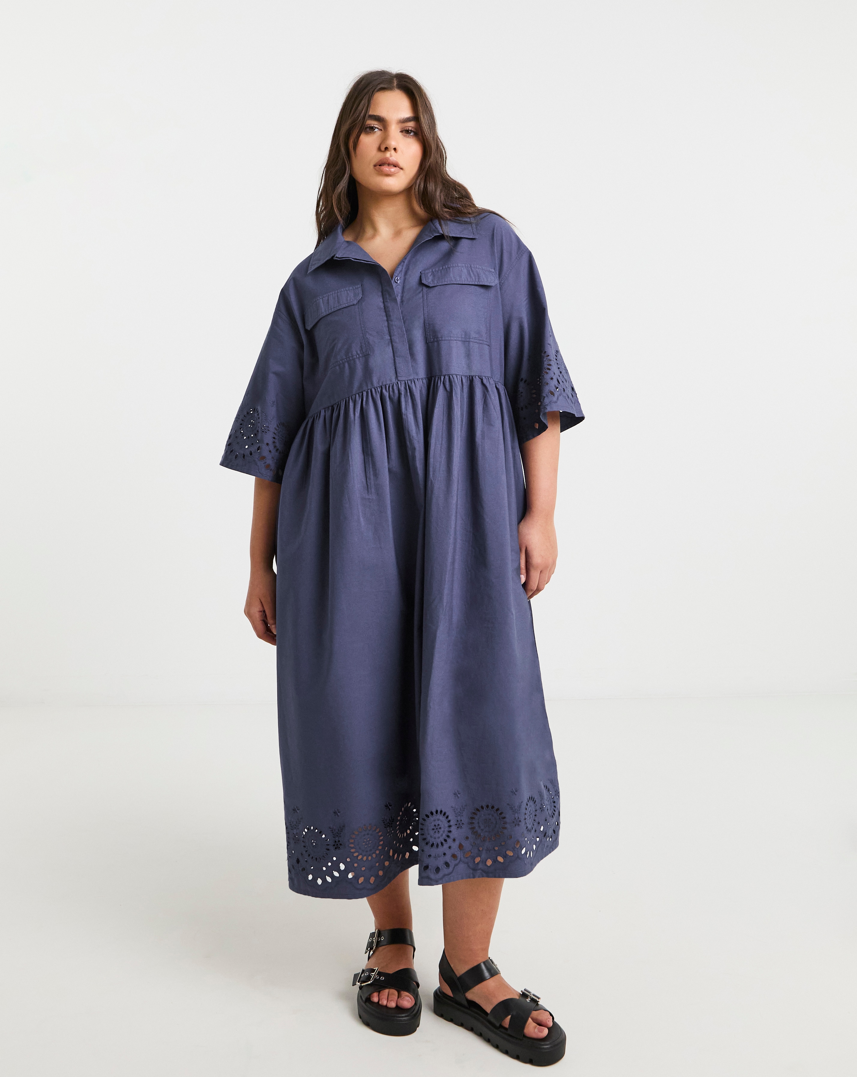 Simply Be - Women's Blue Broderie Detail Shirt Dress - Size 10 - Blue - 100% Cotton