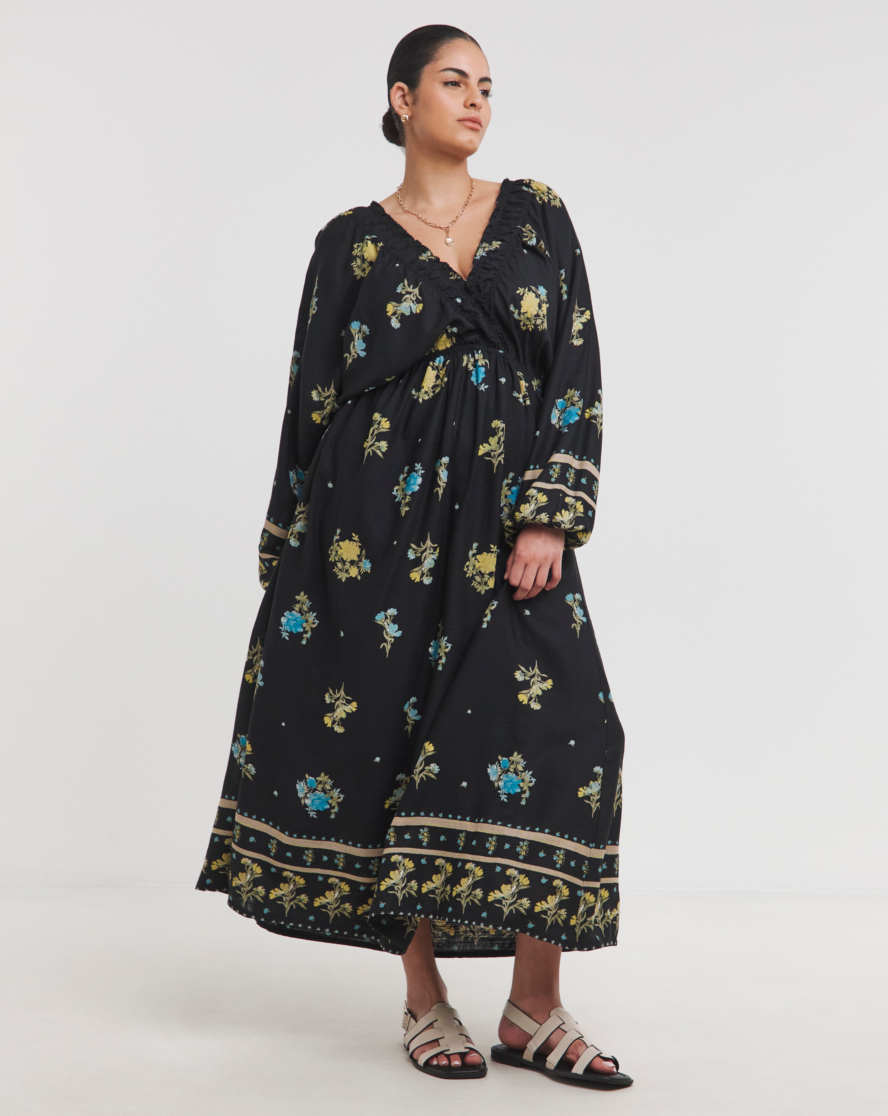 Black Floral Printed Linen Blend Midi