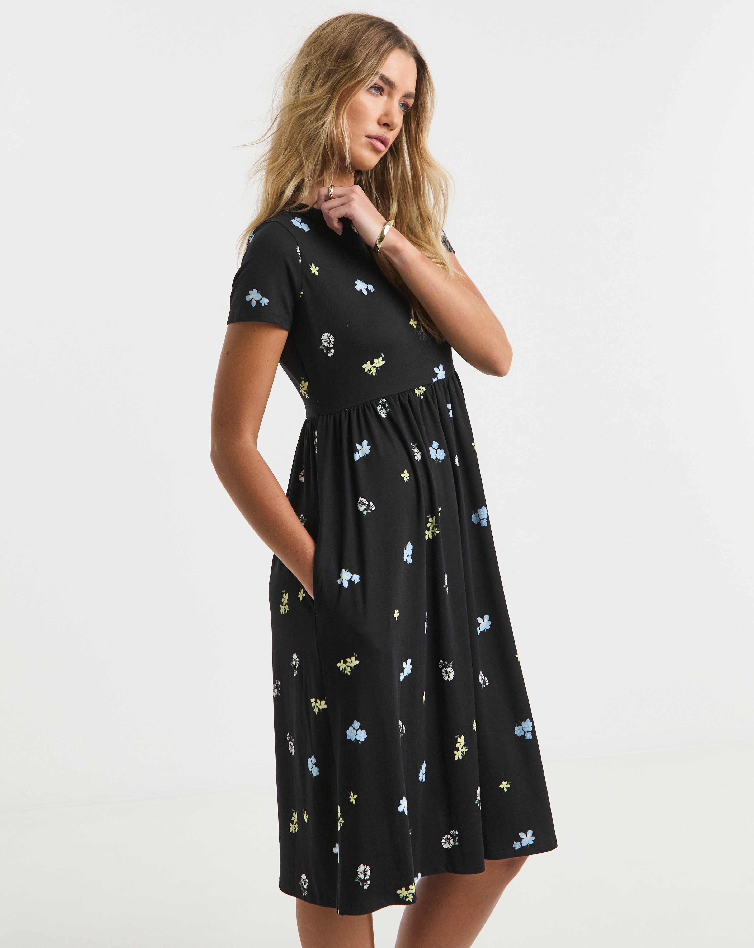 Simply Be - Women's Ditsy Supersoft Pocket Midi - Size 30 - Black print - 95% Recycled Polyester 5% Elastane