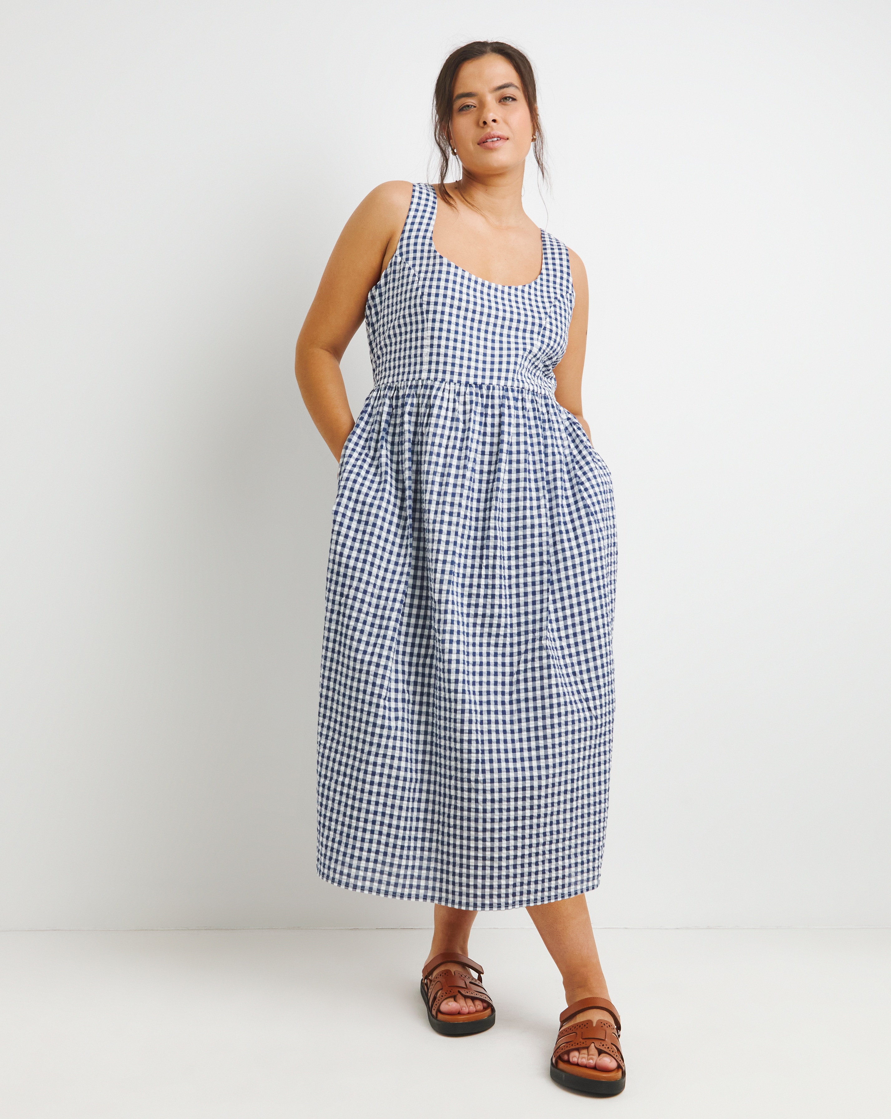 Simply Be - Women's Navy/White Gingham Apron Dress - Size 12 - Navy/white - 100% Cotton