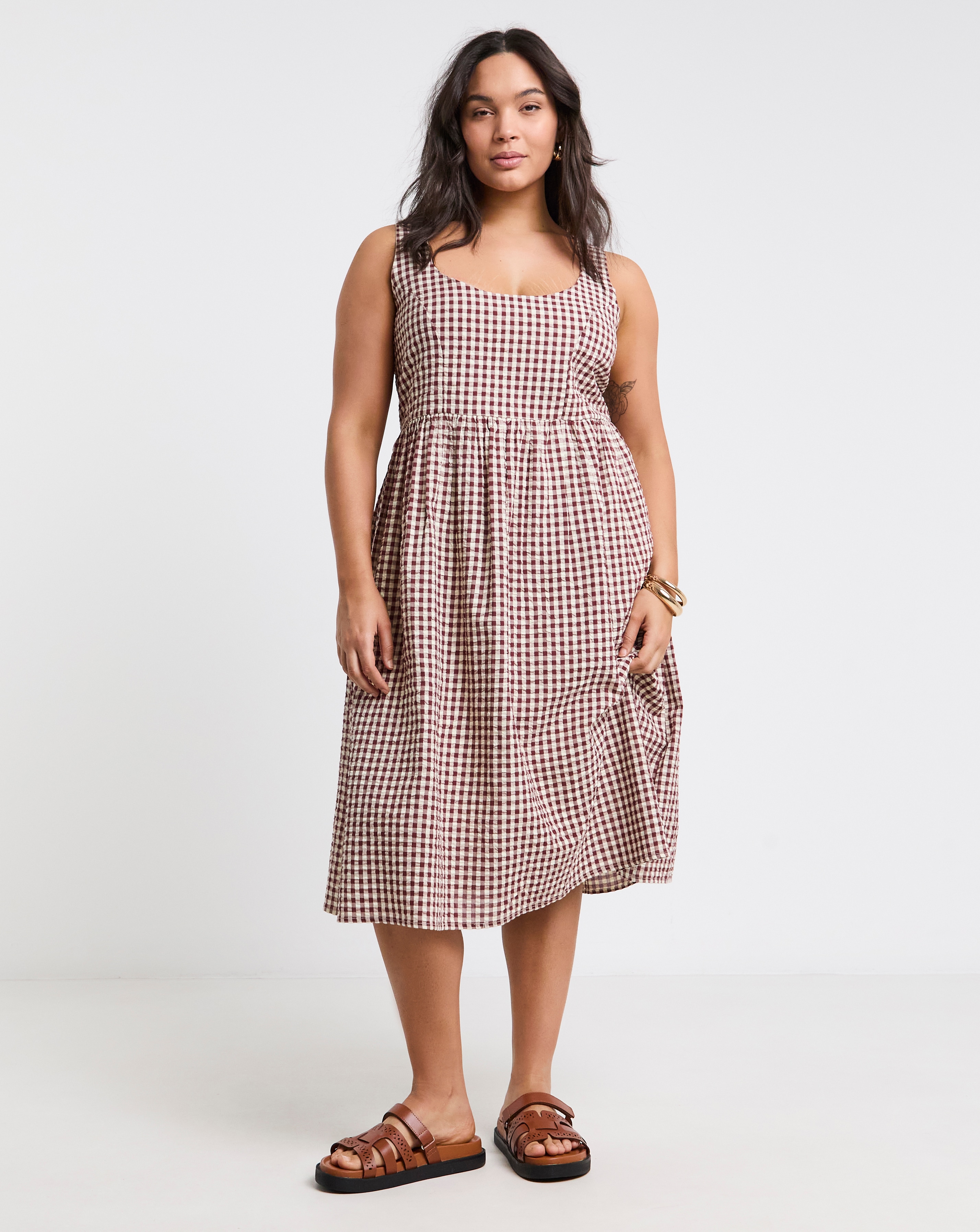 Simply Be Brown/Ecru Gingham Apron Dress