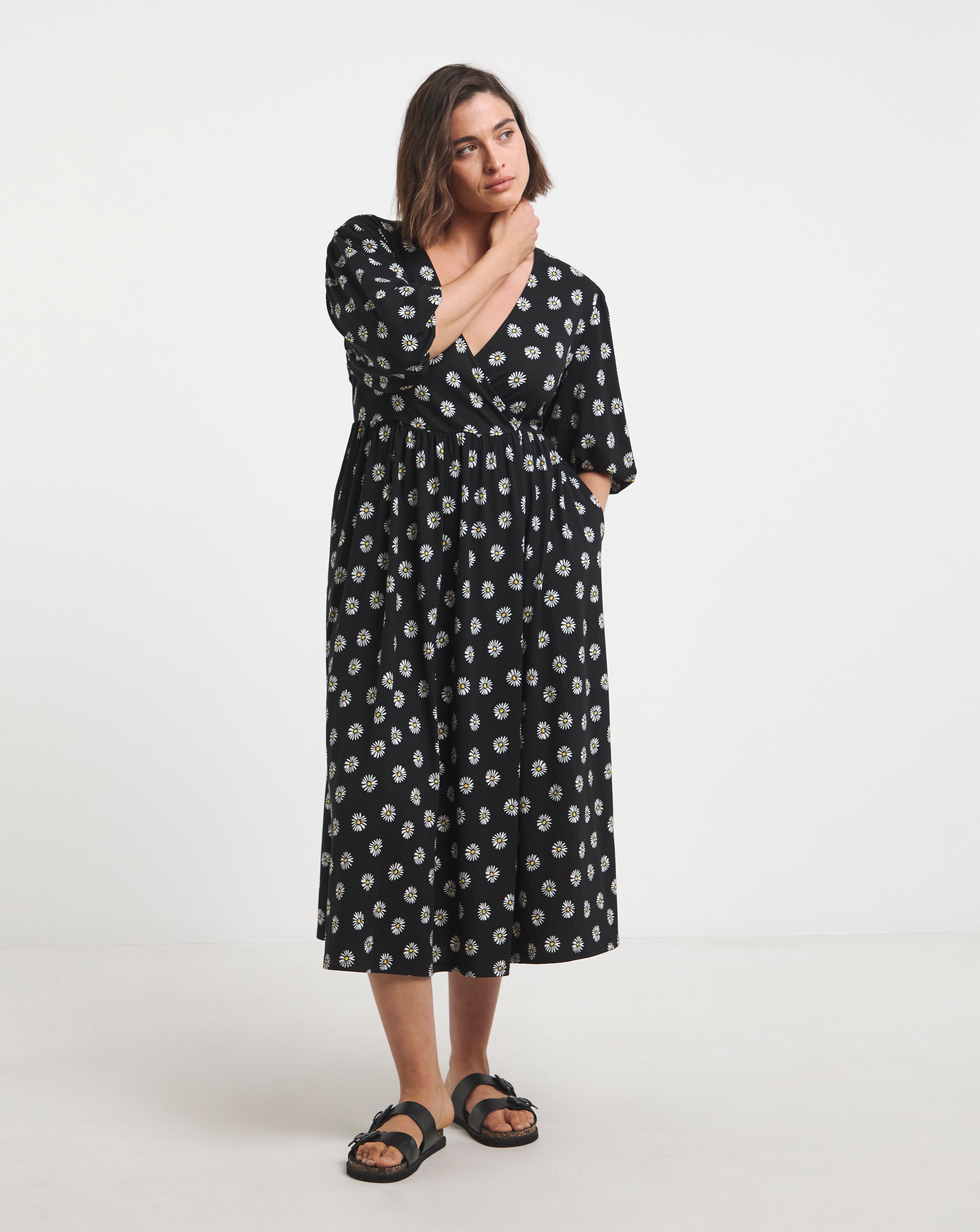 Simply Be - Women's Daisy Print Supersoft Wrap Midi Dress - Size 16 - Black print - 98% Polyester 2% Elastane