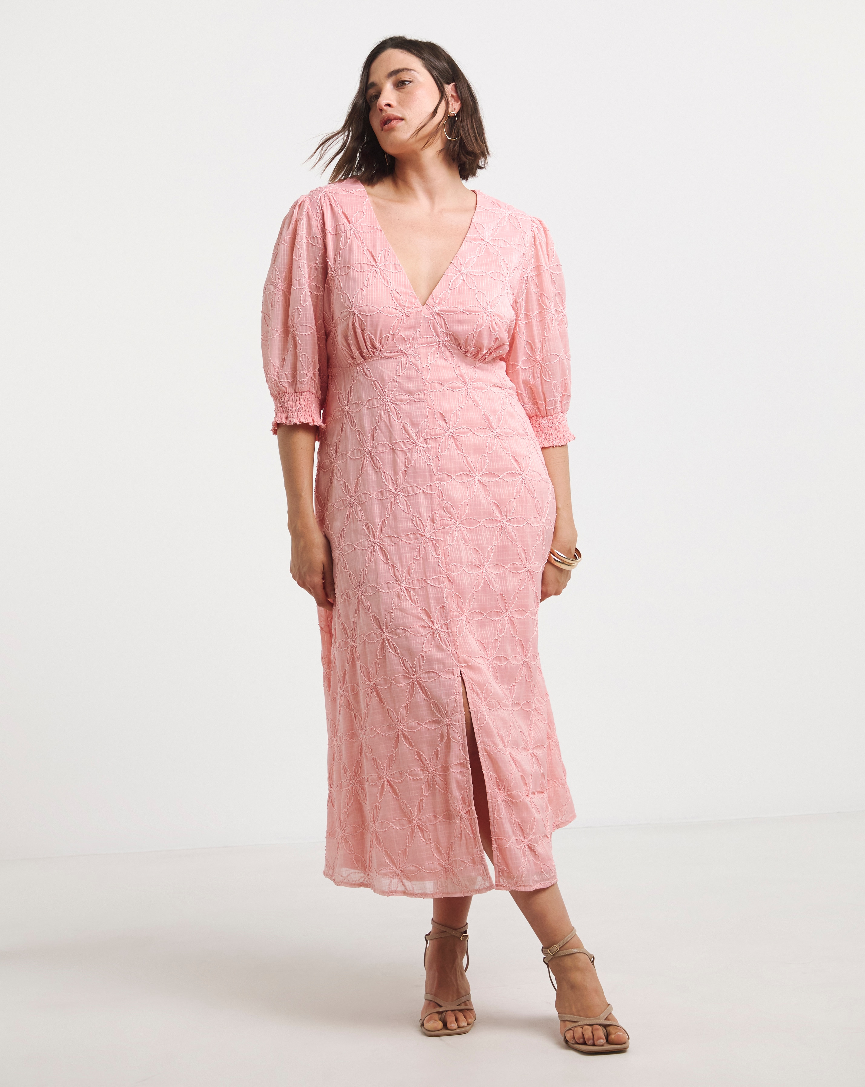 Simply Be - Women's Pink Embroidered Floral Button Up Midi D - Size 10 - Pink - 98% Polyester 2% Elastane