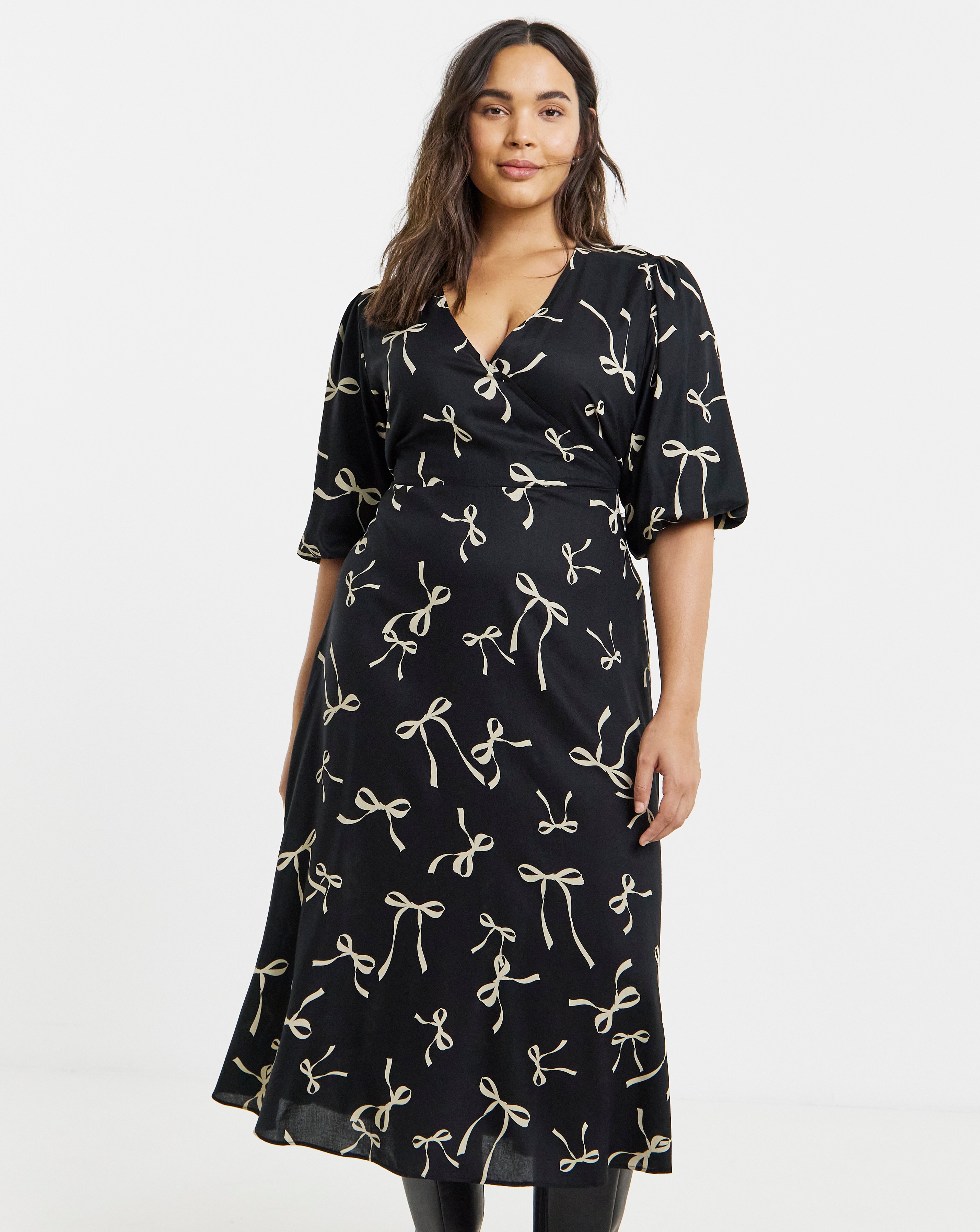 Simply Be - Women's Bow Print Wrap Midi Dress - Size 16 - Bow print