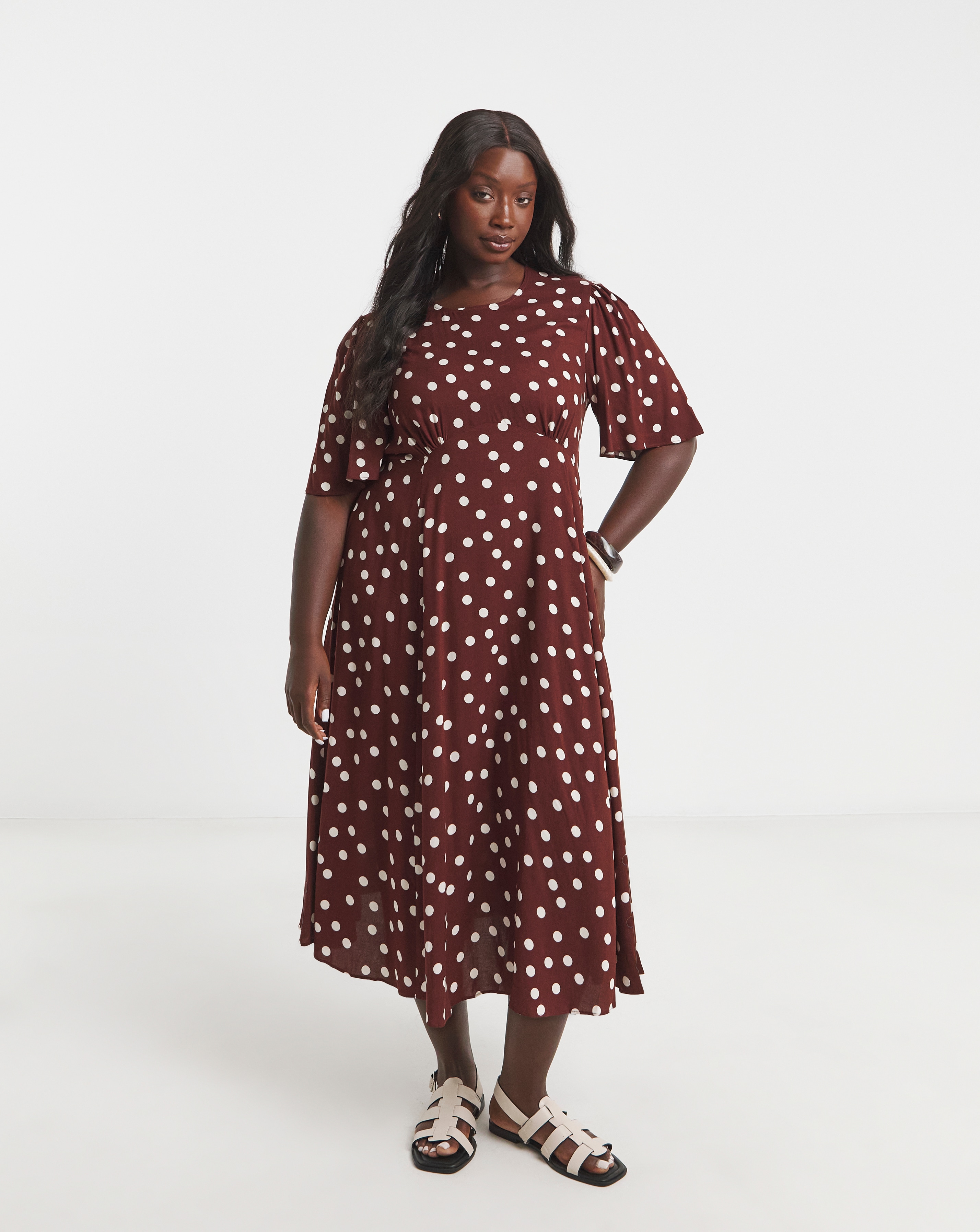 Simply Be - Women's Chocolate Spot Print Viscose Midi Dress - Size 14 - Spot print