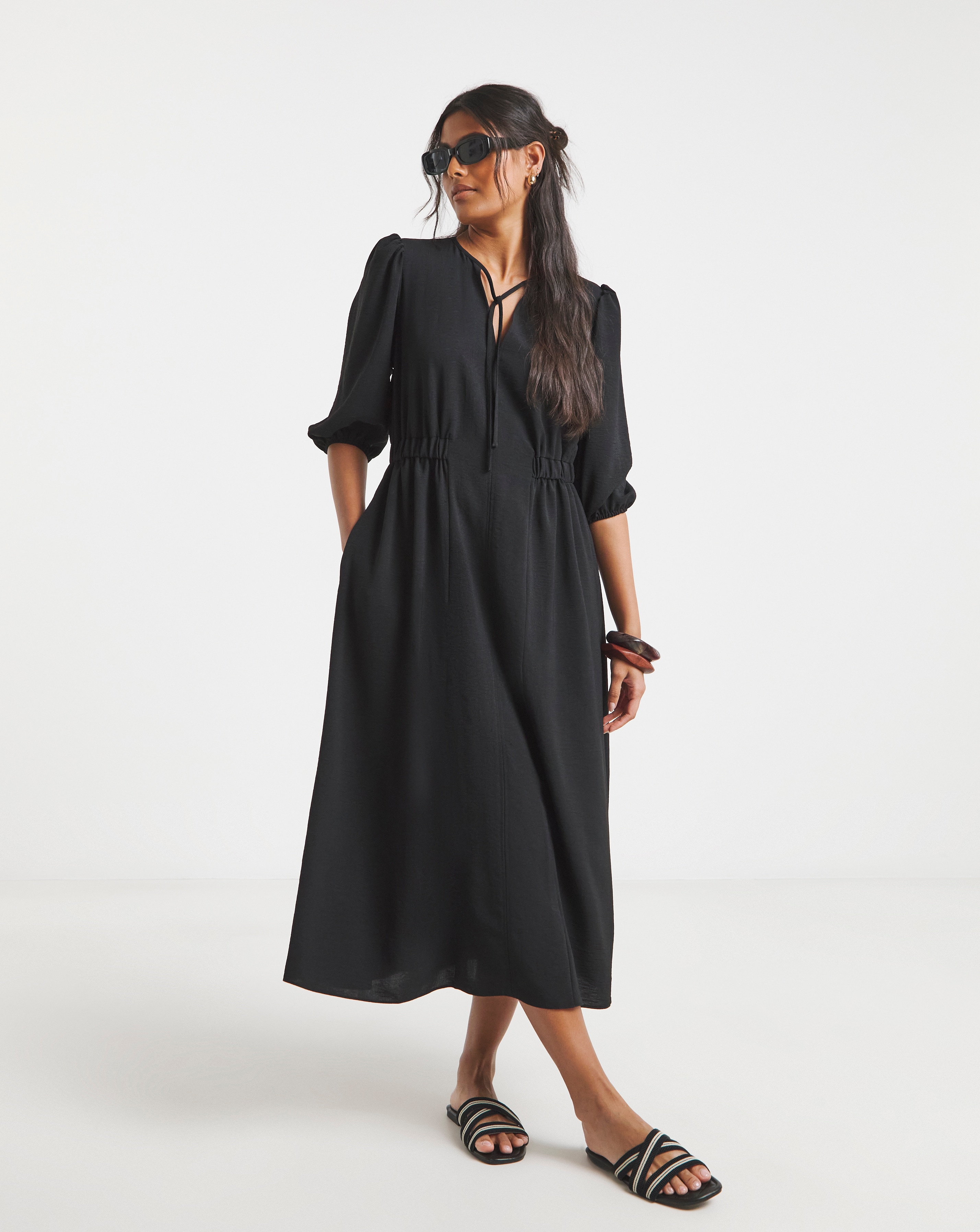 Simply Be - Women's Cinched Waist Midi Dress With Pockets - Size 30 - Black - 100% Recycled Polyester