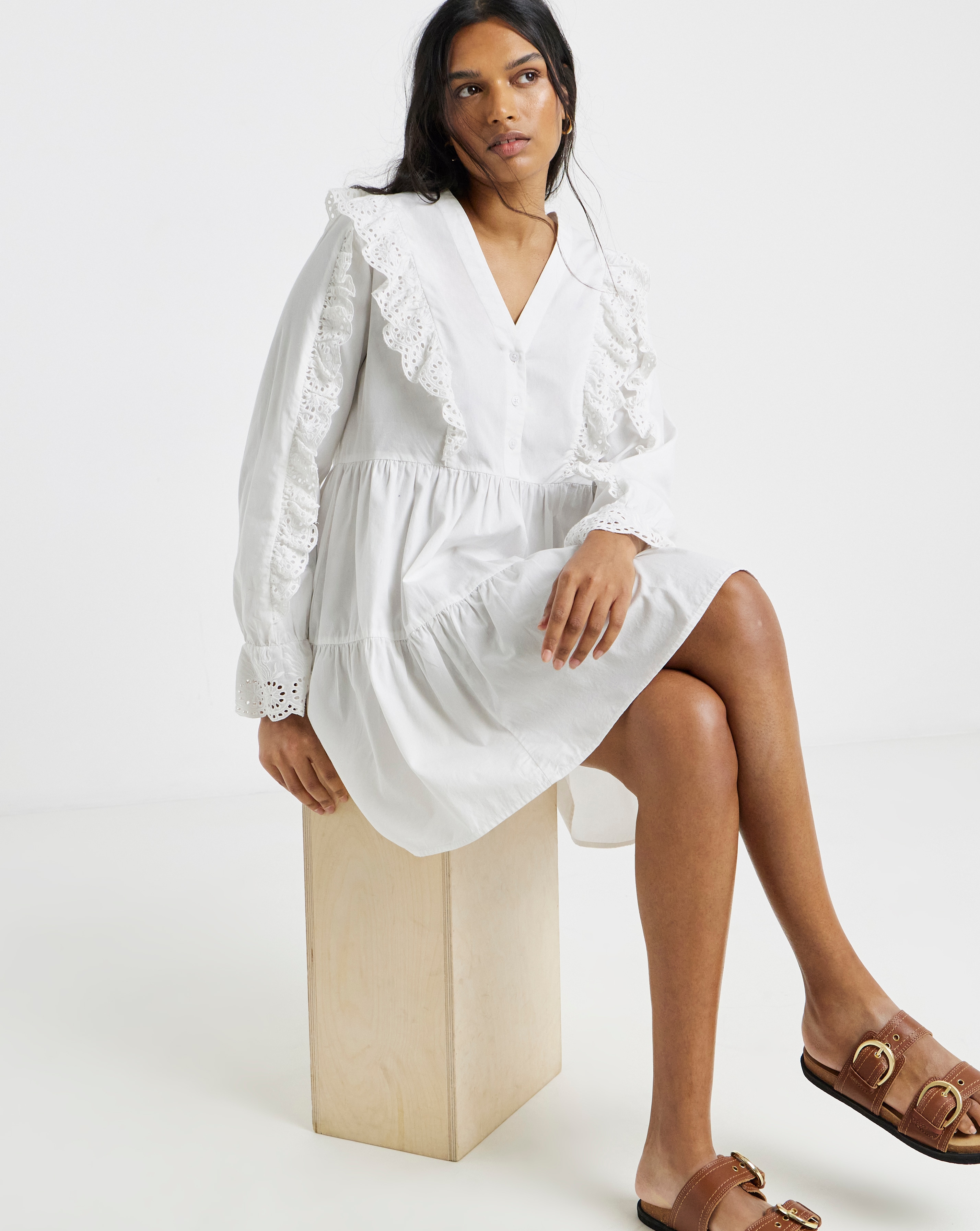 White Cotton Broderie Shirt Dress