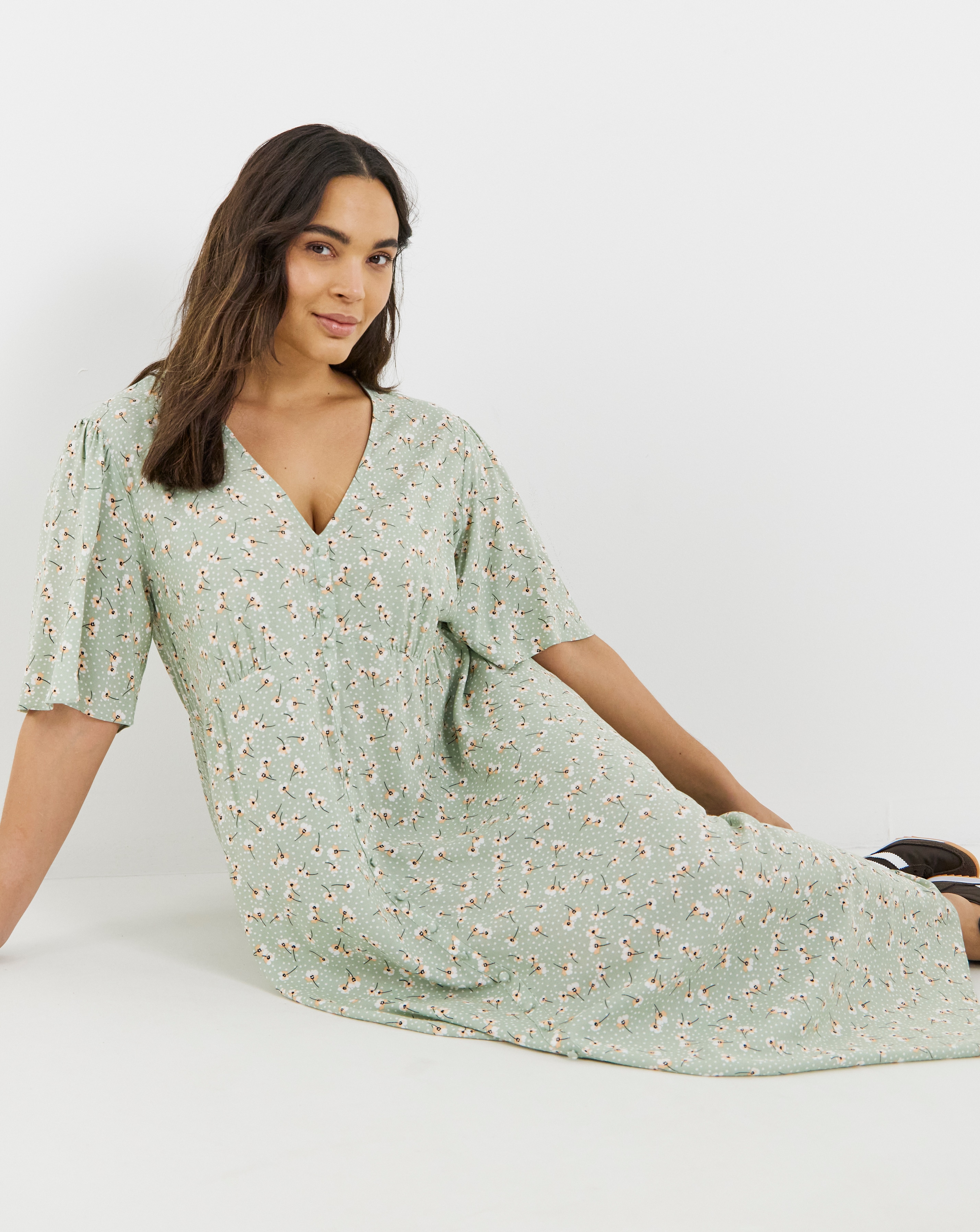 Spun Viscose Button Up Midi Dress