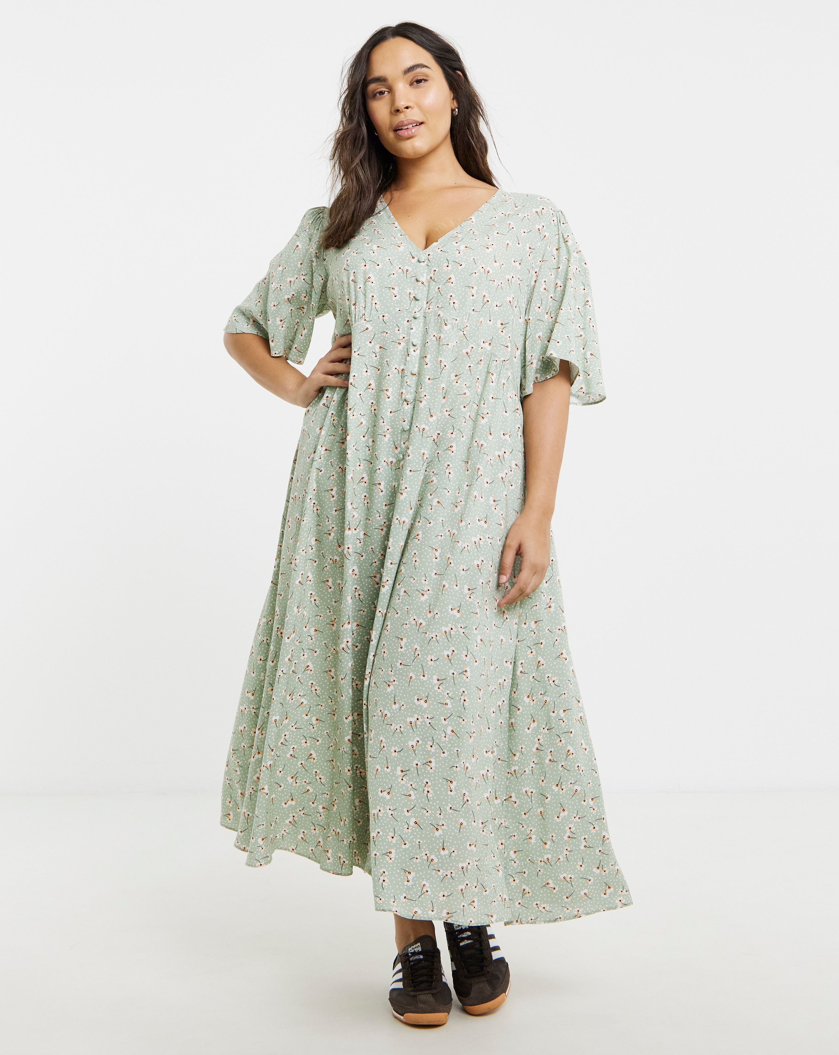 Spun Viscose Button Up Midi Dress