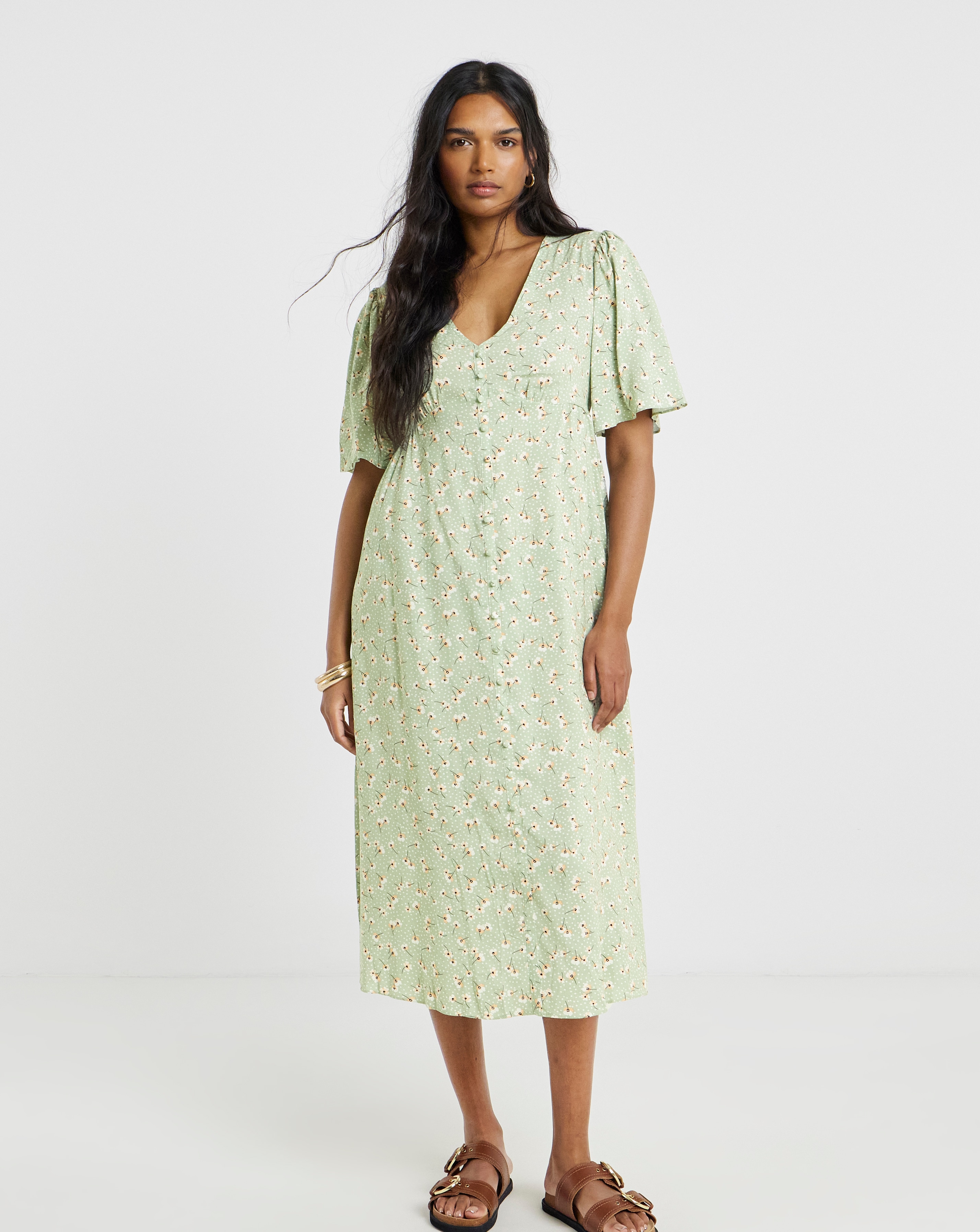 Spun Viscose Button Up Midi Dress