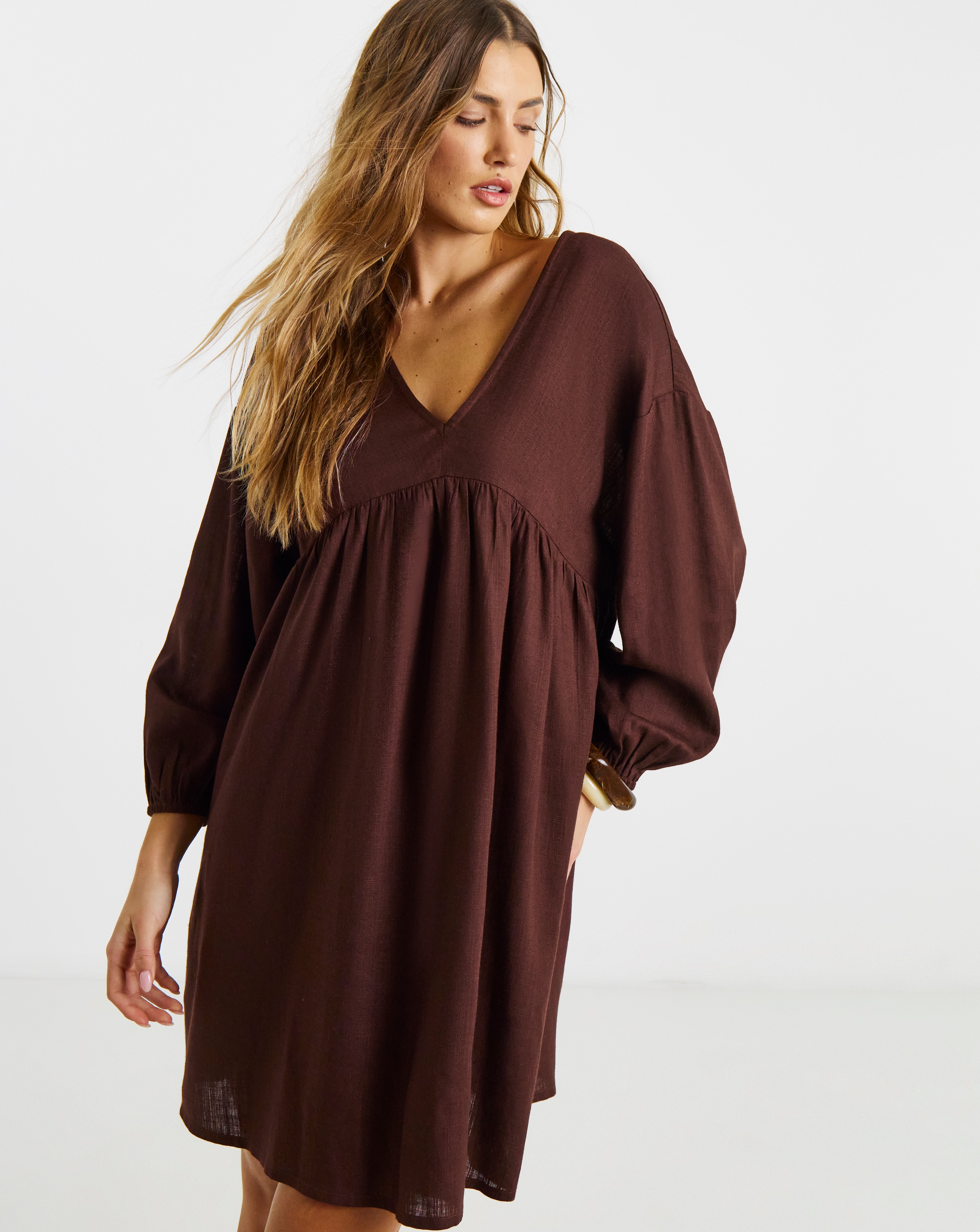 Simply Be - Women's Chocolate Linen Blend Smock Dress - Size 10 - Chocolate - 20% Linen 80% Viscose