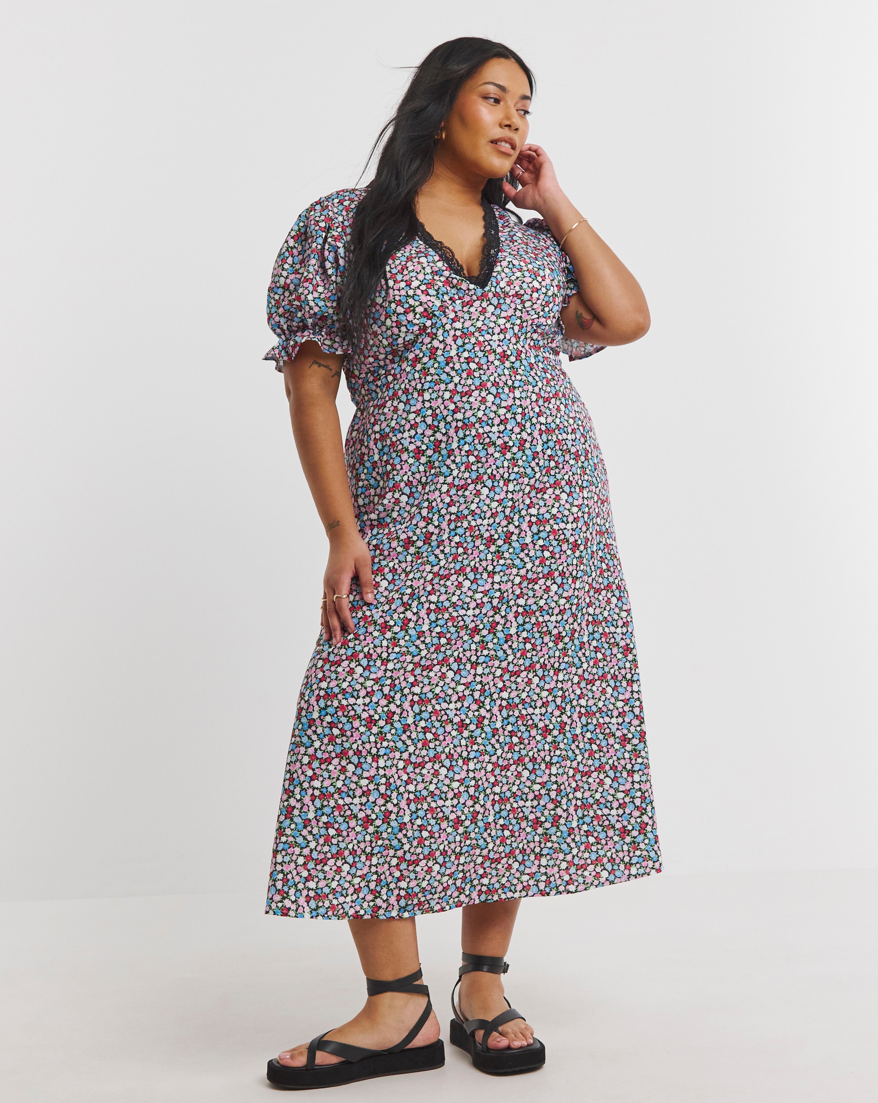 Simply Be - Women's Lace Trim Midi Dress - Size 10 - Ditsy print - 100% Recycled Polyester