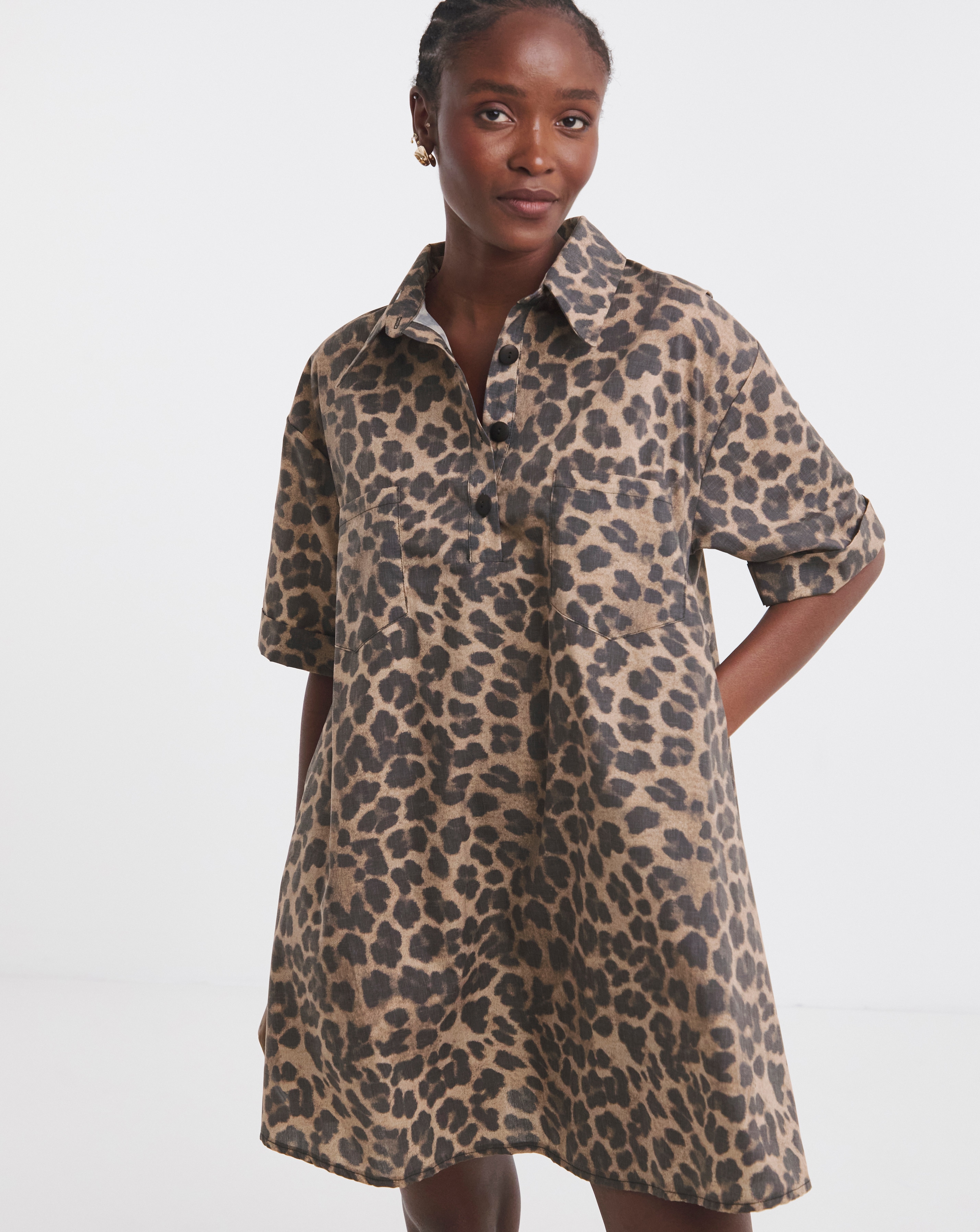Leopard Print Boxy Shirt Dress