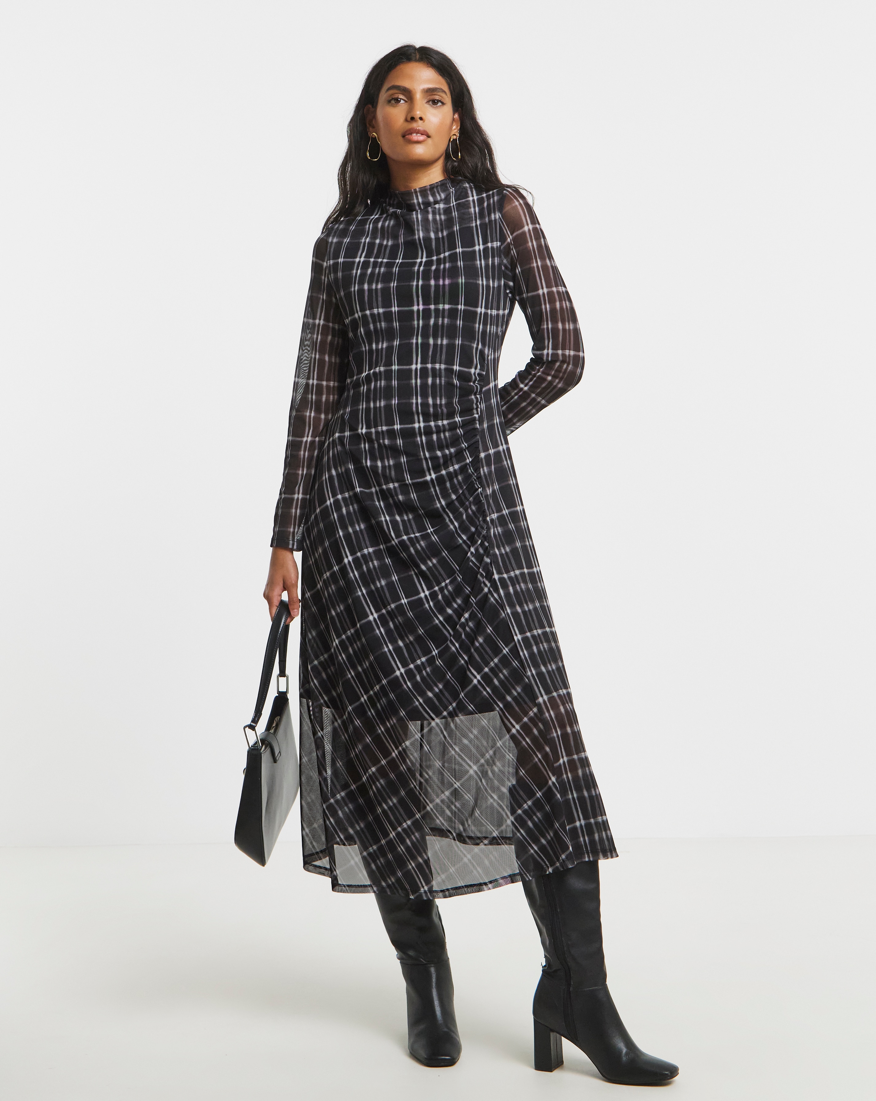 Black Ruched Mesh Midi Dress