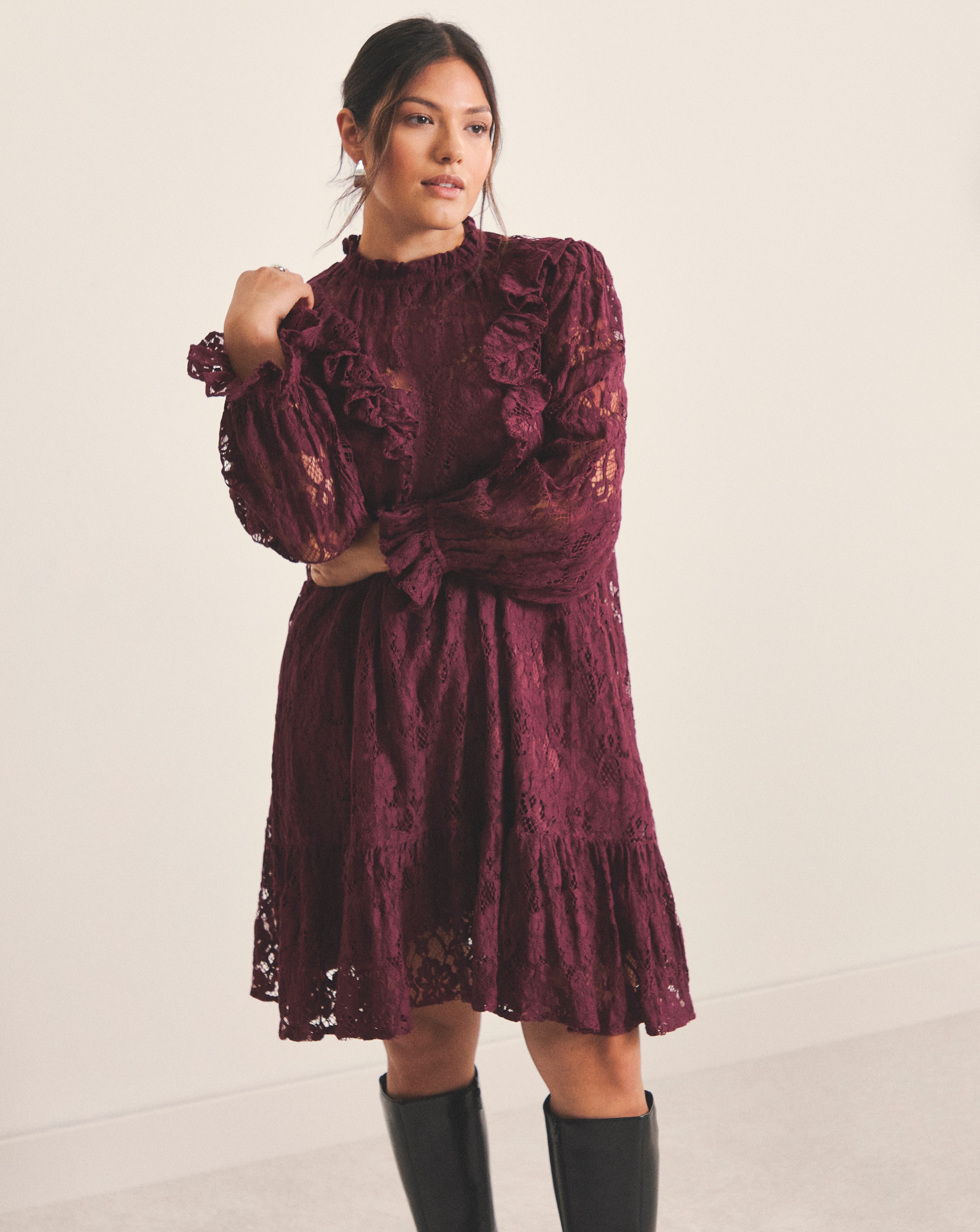 New In - Burgundy Lace Ruffle Mini Dress