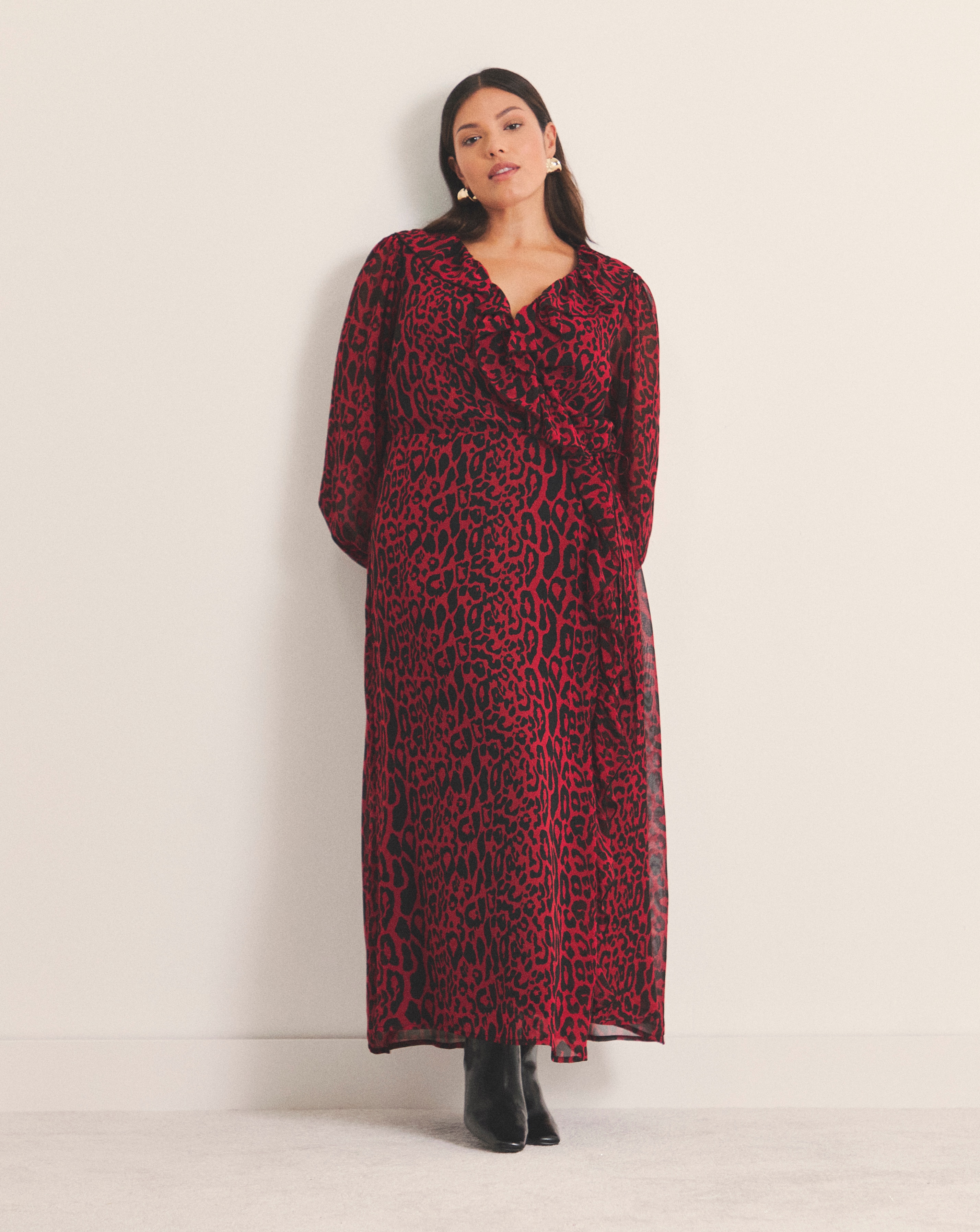 Red Leopard Georgette Wrap Dress