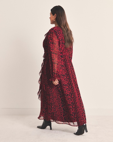 Red Leopard Georgette Frill Wrap Dress