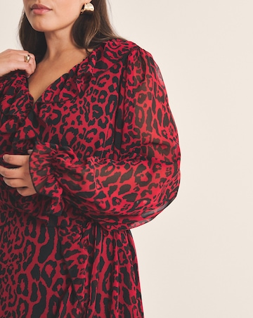 Red Leopard Georgette Frill Wrap Dress