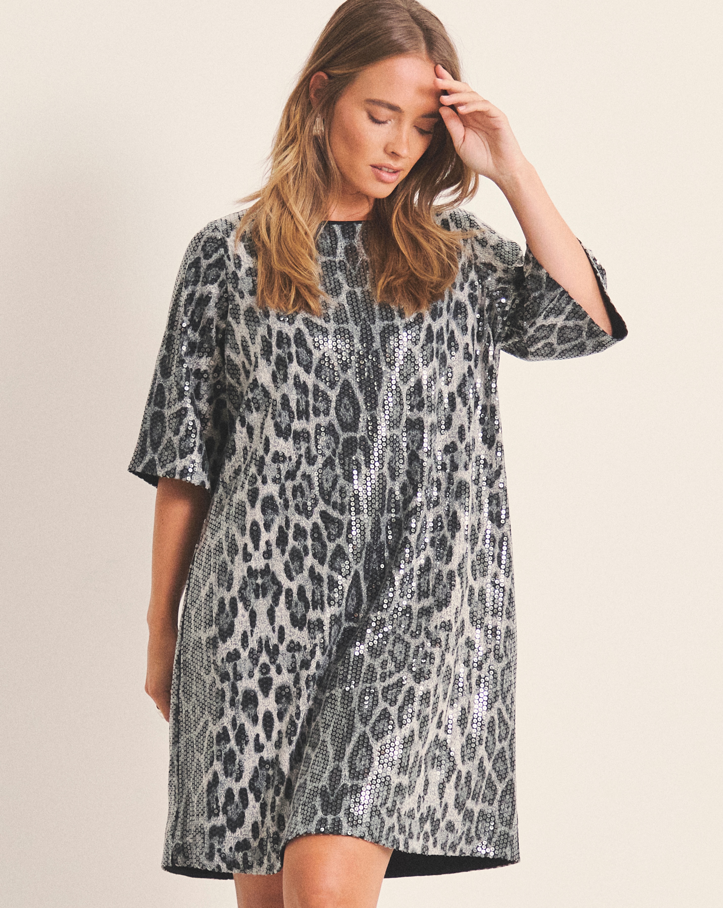 Grey Leopard Sequin T-Shirt Dress