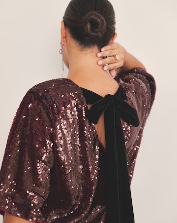 Burgundy Bow Back Sequin T-Shirt Dress