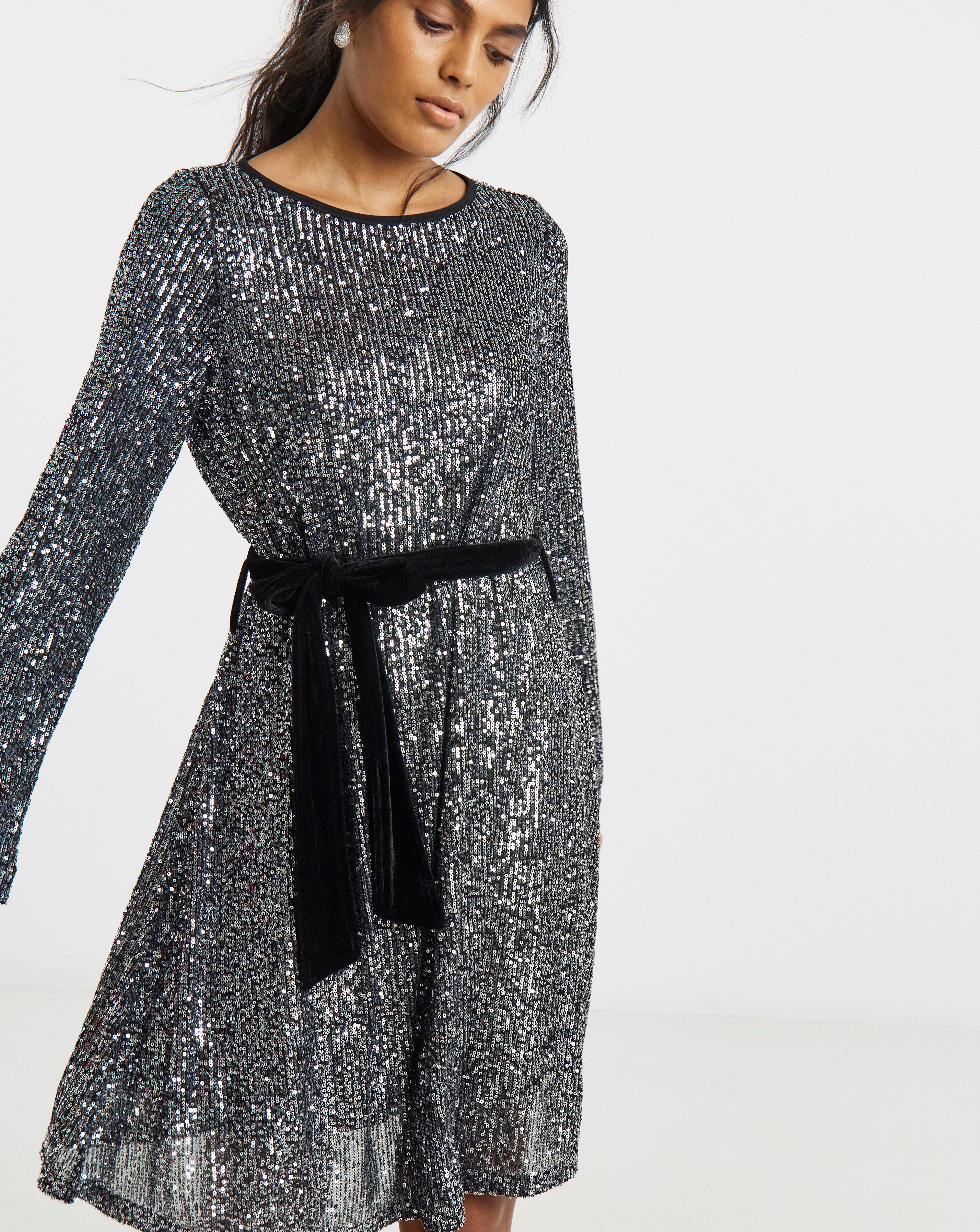 New In - Silver Sequin Skater Dress With Belt