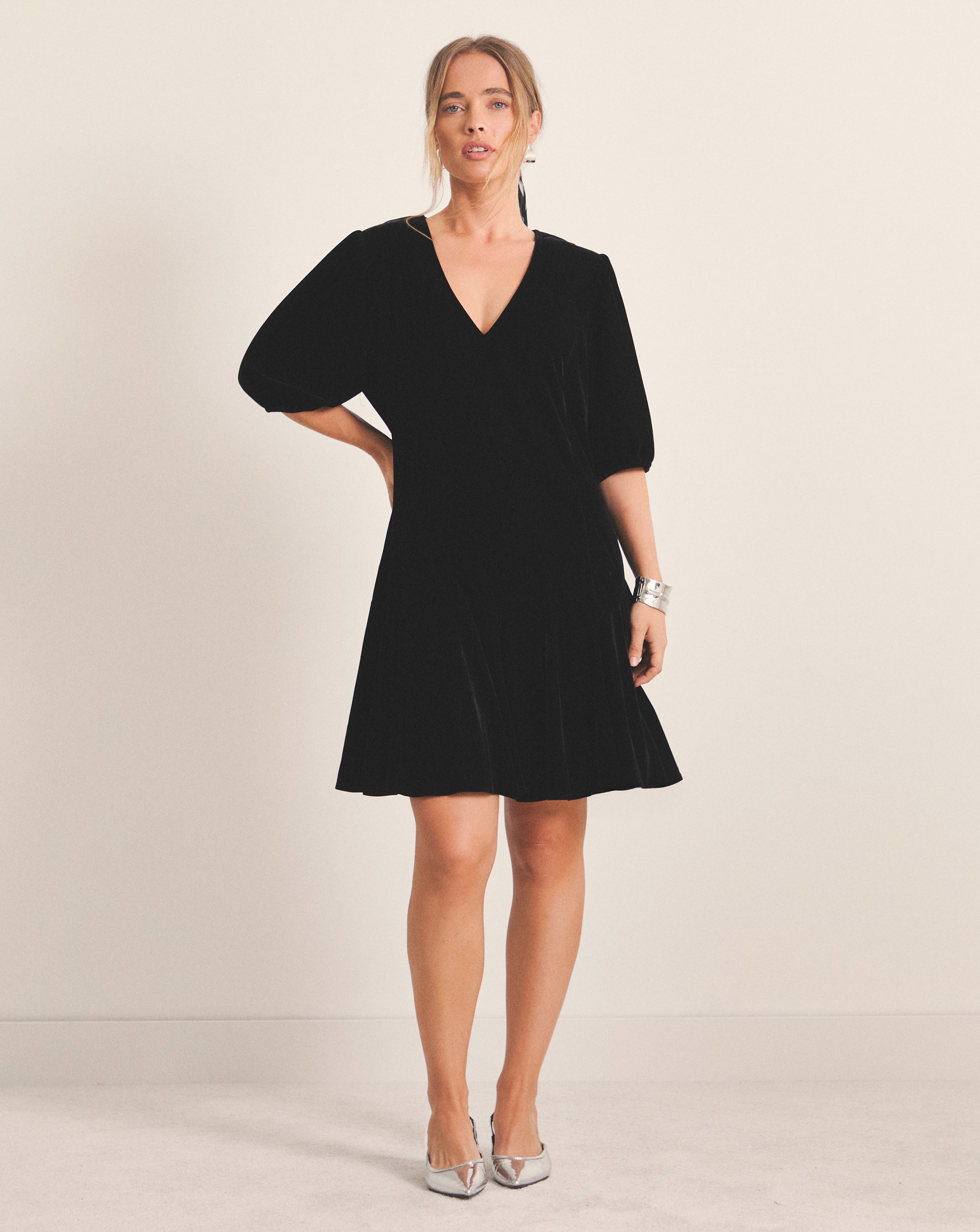New In - Black Velour Godet Swing Dress