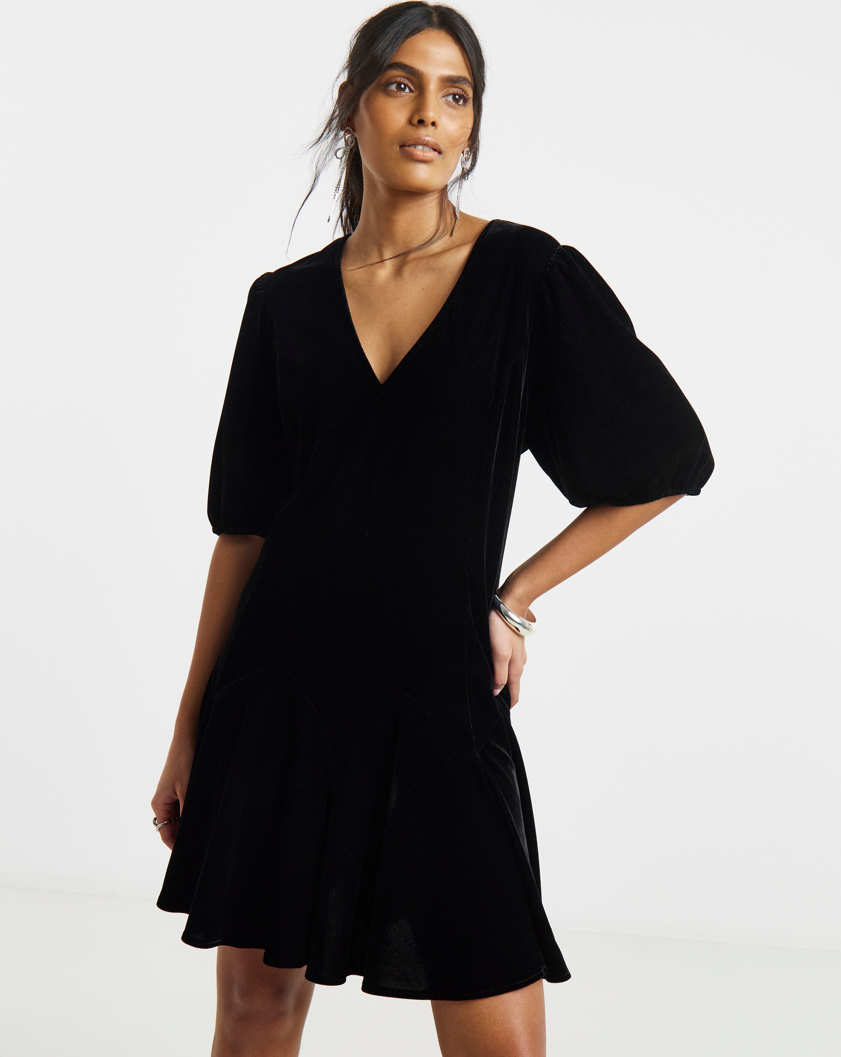 New In - Black Velour Godet Swing Dress