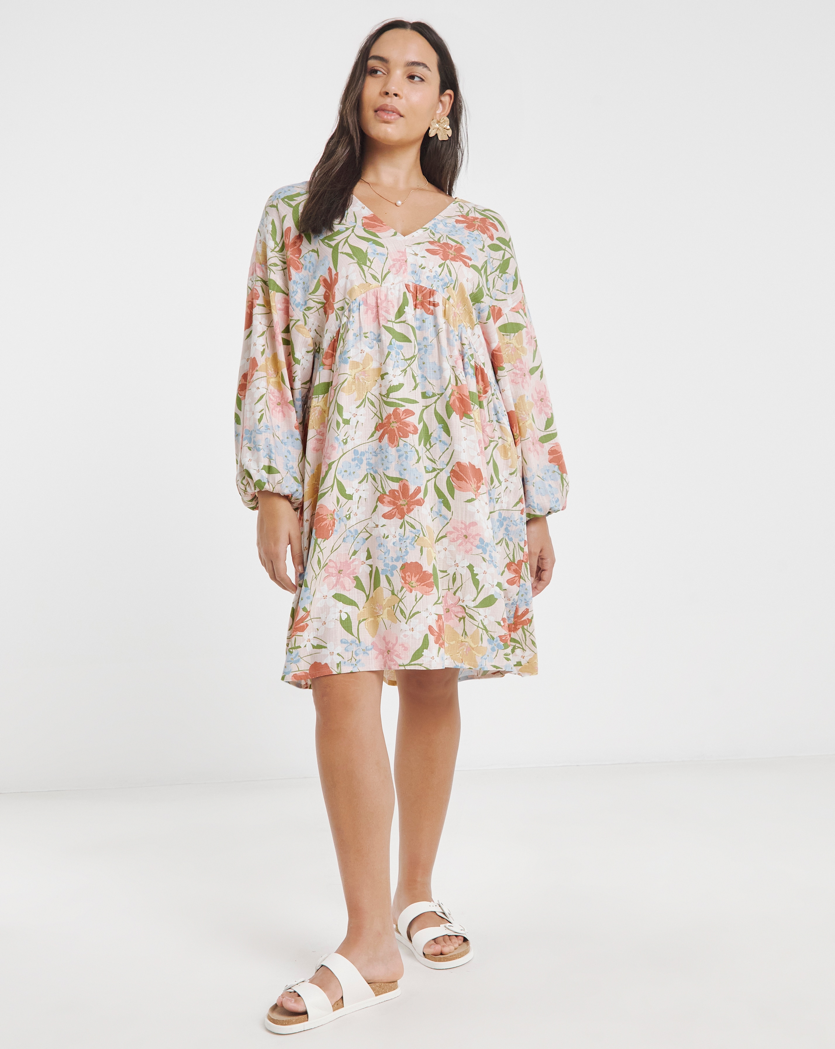 Printed Linen Blend Smock Dress