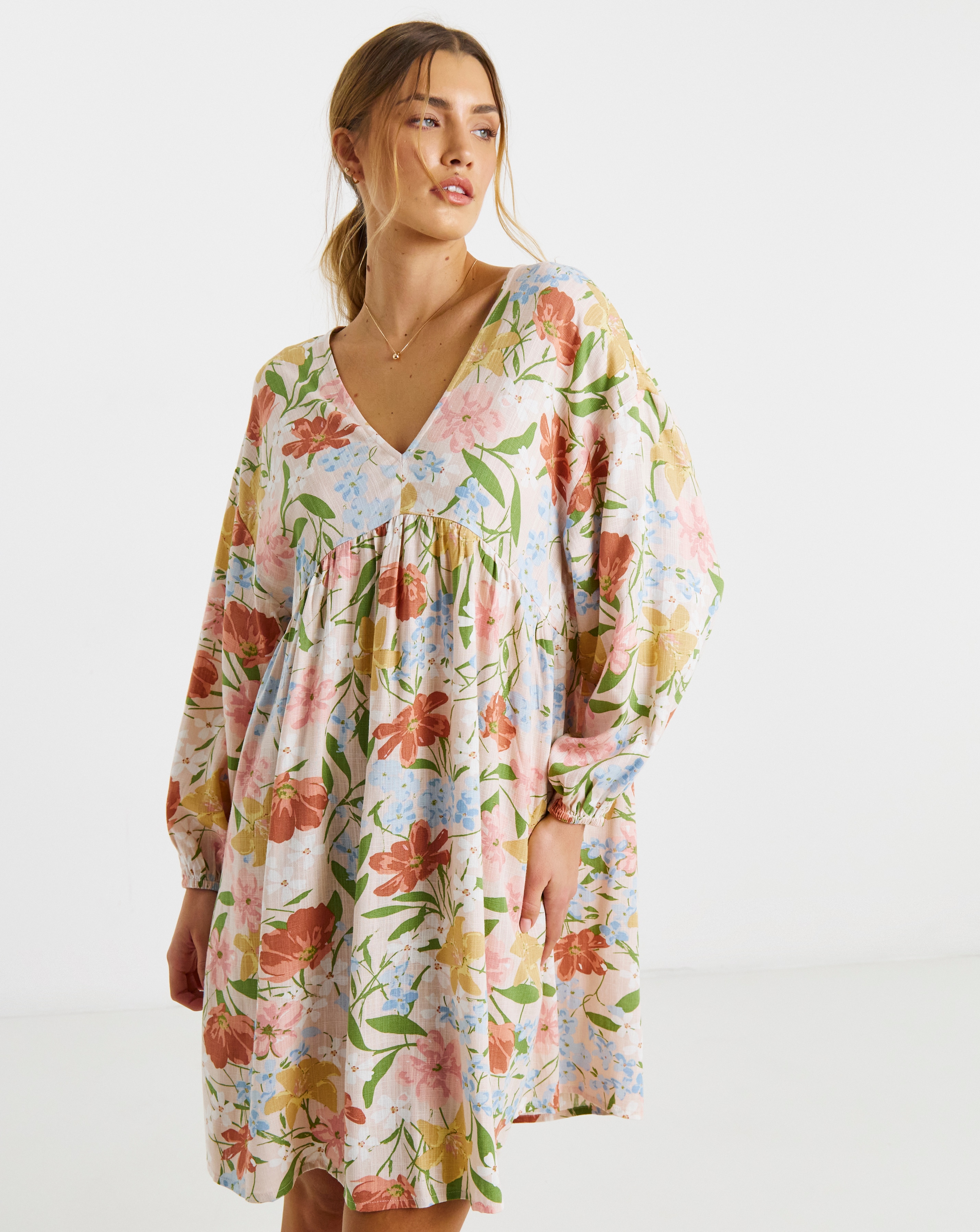Printed Linen Blend Smock Dress