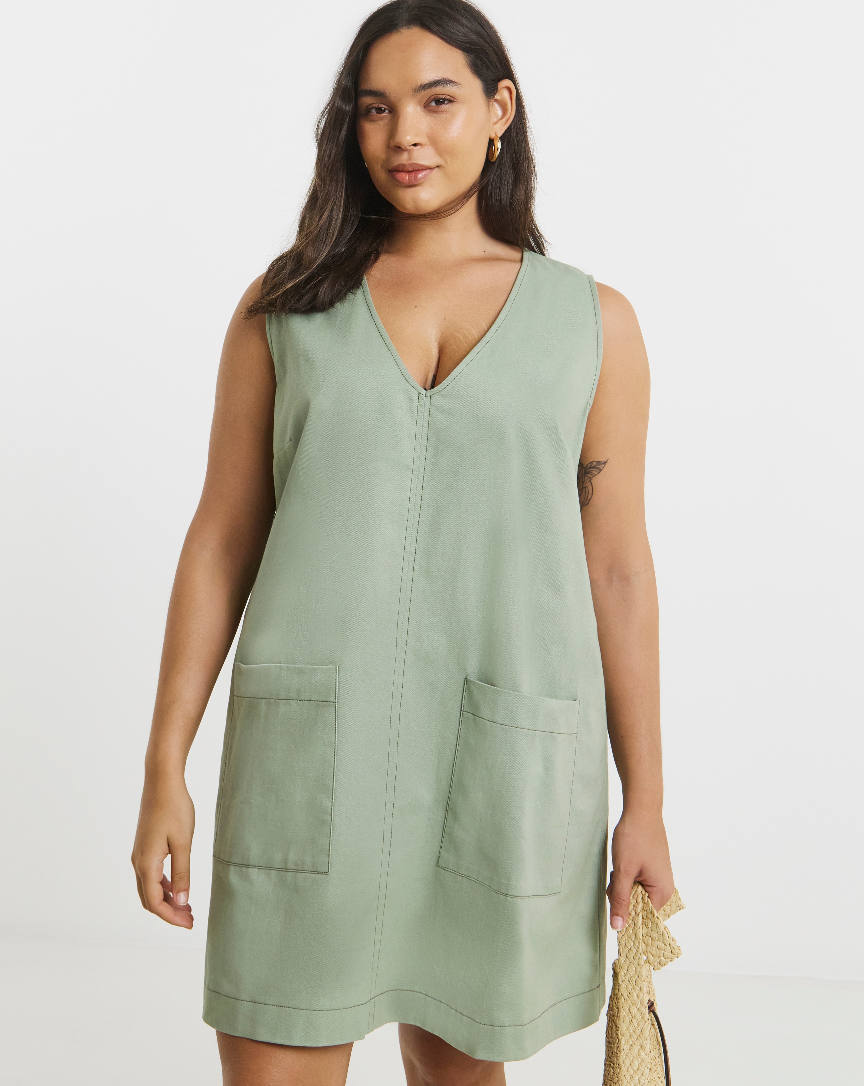 Cotton Shift Dress With Patch Pockets