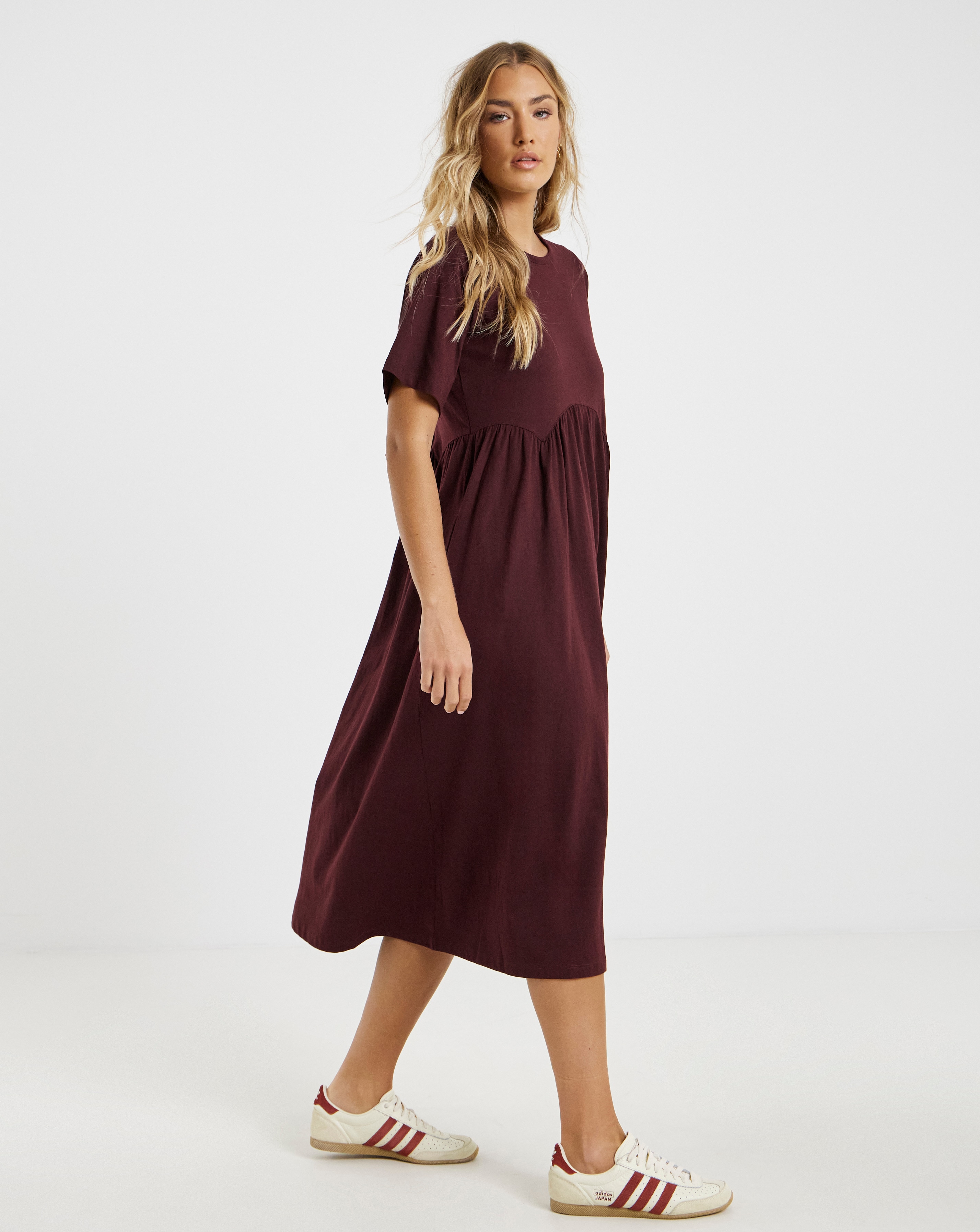 Burgundy Jersey Smock Midi Dress