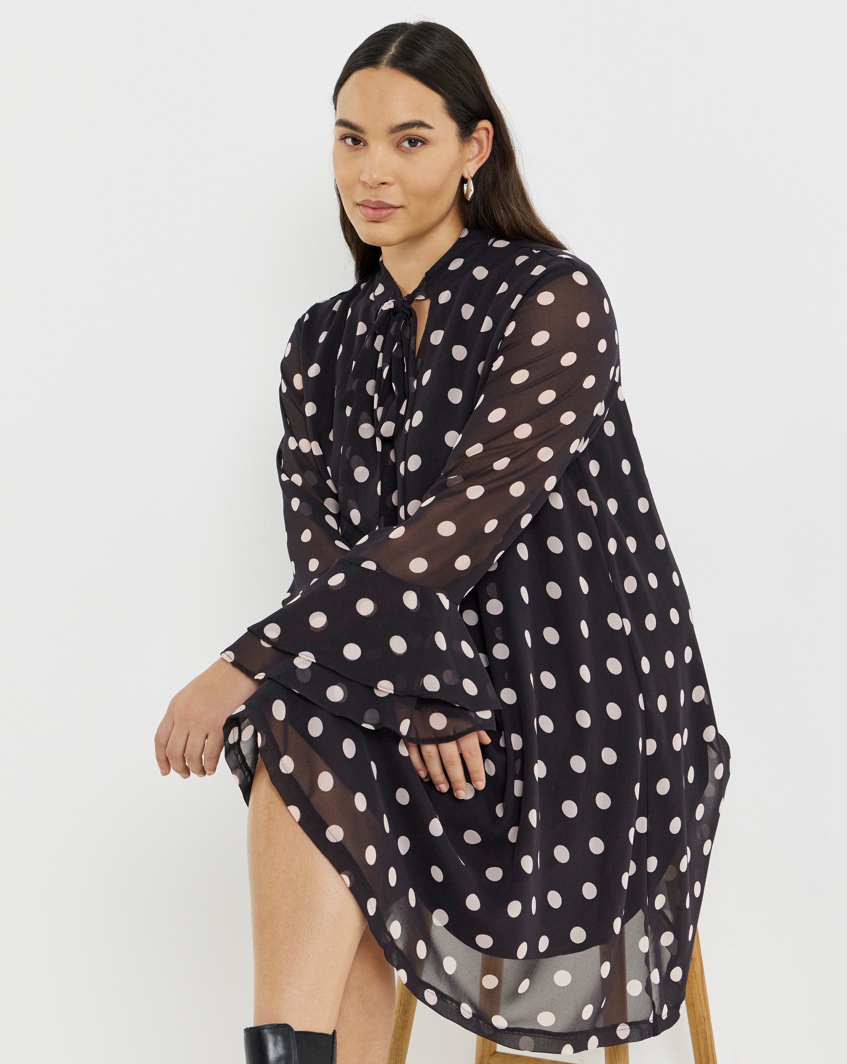 New In - Spot Print Swing Dress With Tie Detail