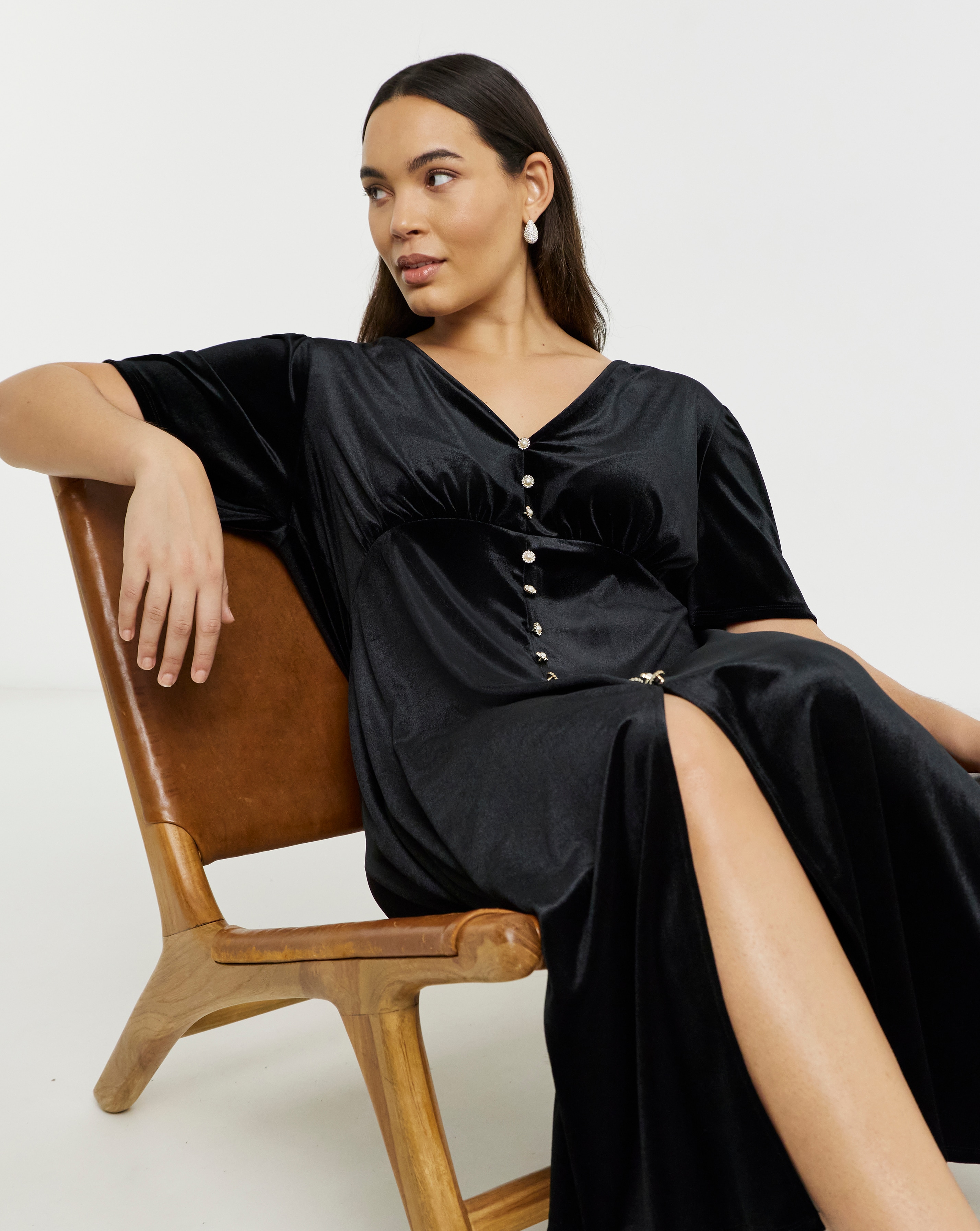Black Velour Button Through Midaxi Dress