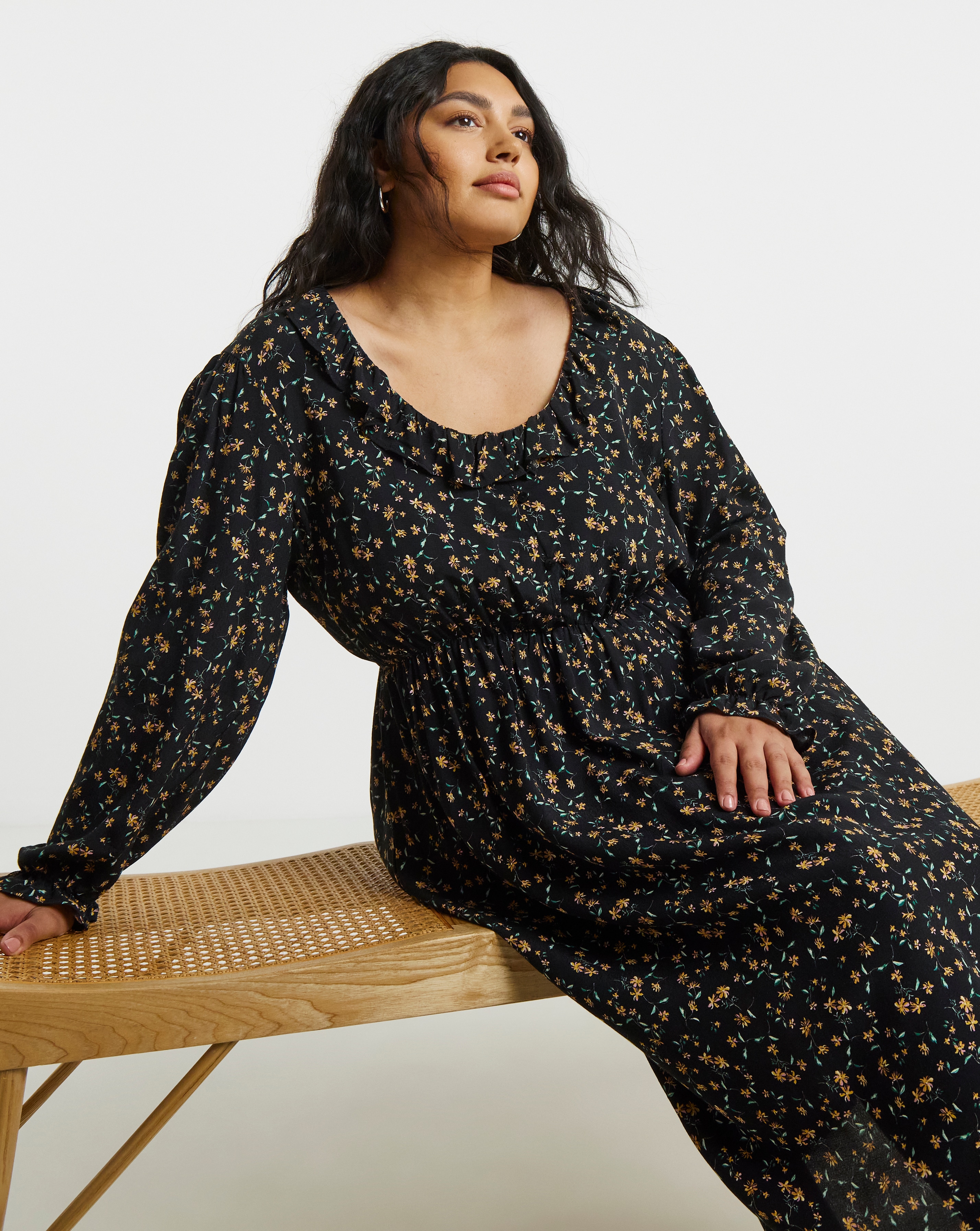 Frill Neck Detail Midi Dress