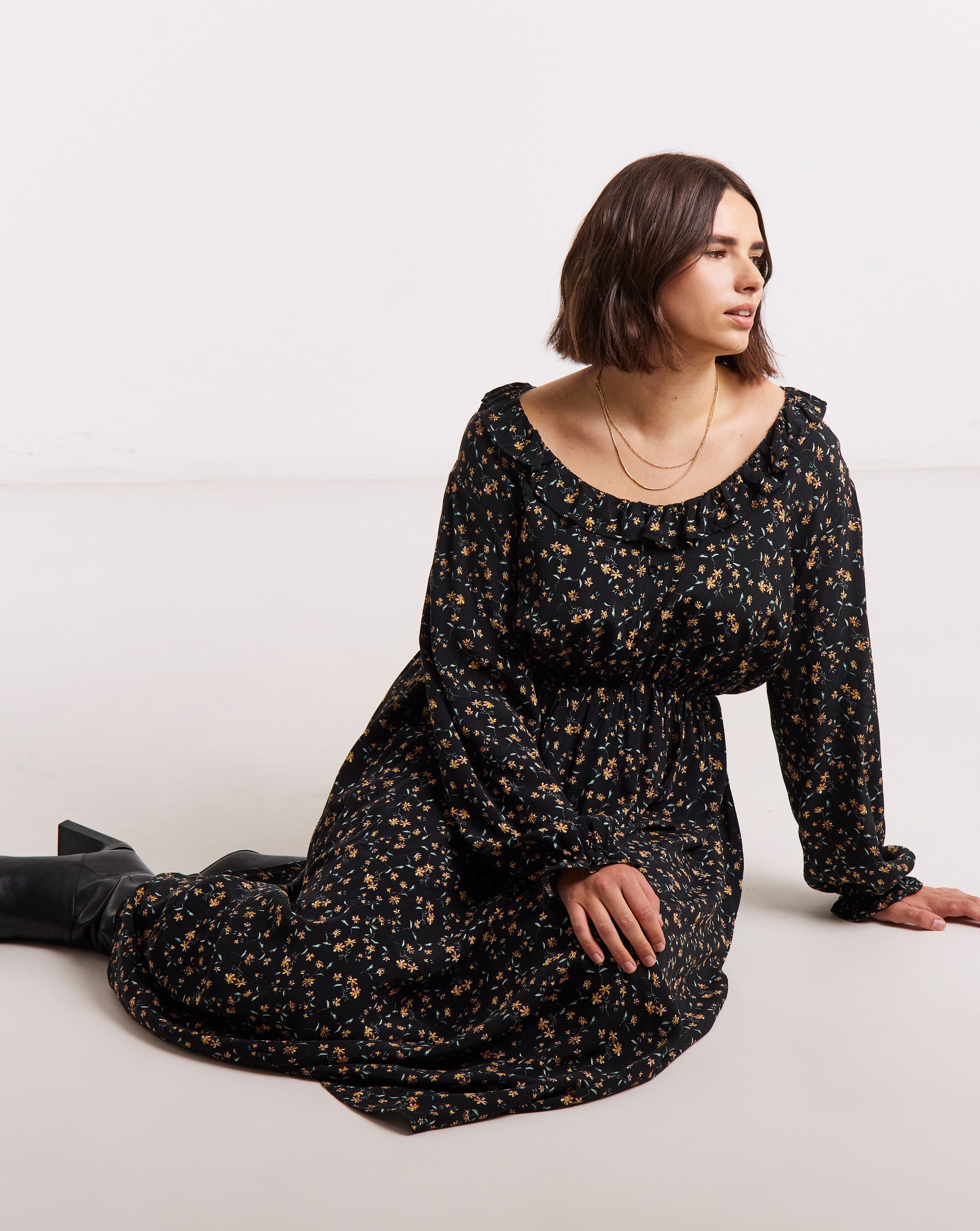 Frill Neck Detail Midi Dress