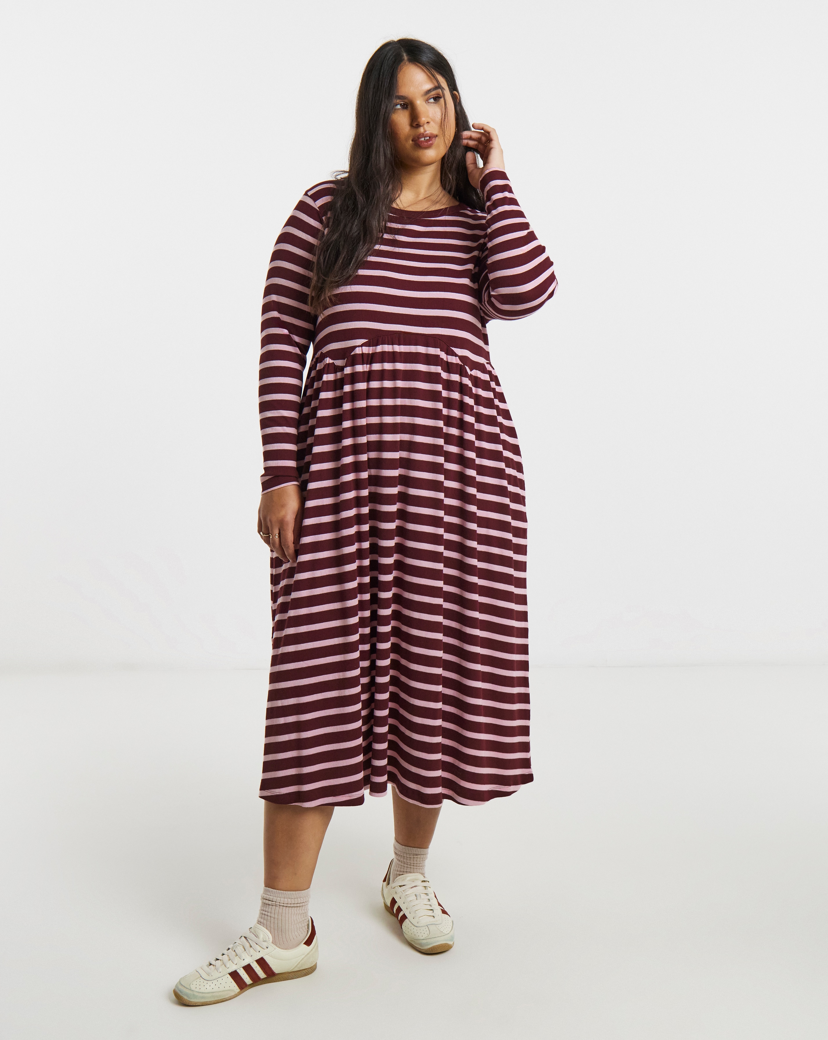 New In - Burgundy Stripe Ribbed Midi Dress