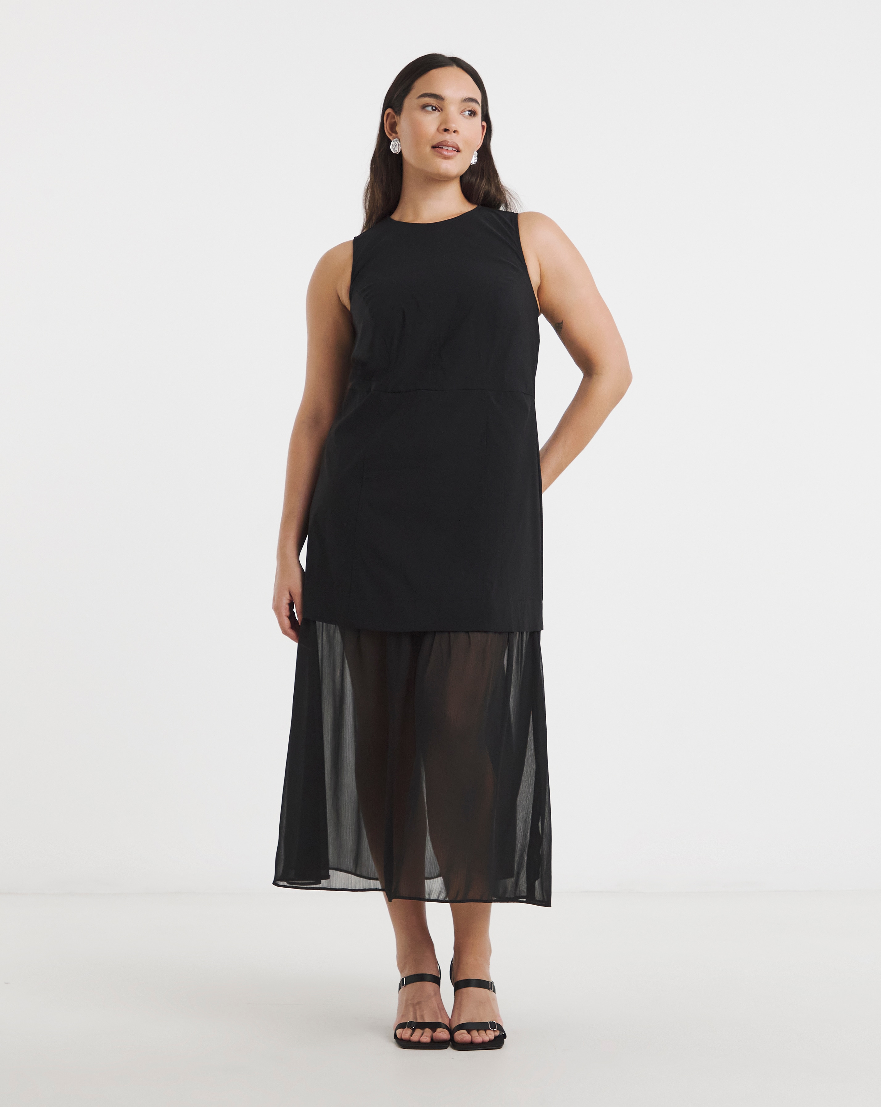 2 in 1 Sheer Skirt Midi Dress
