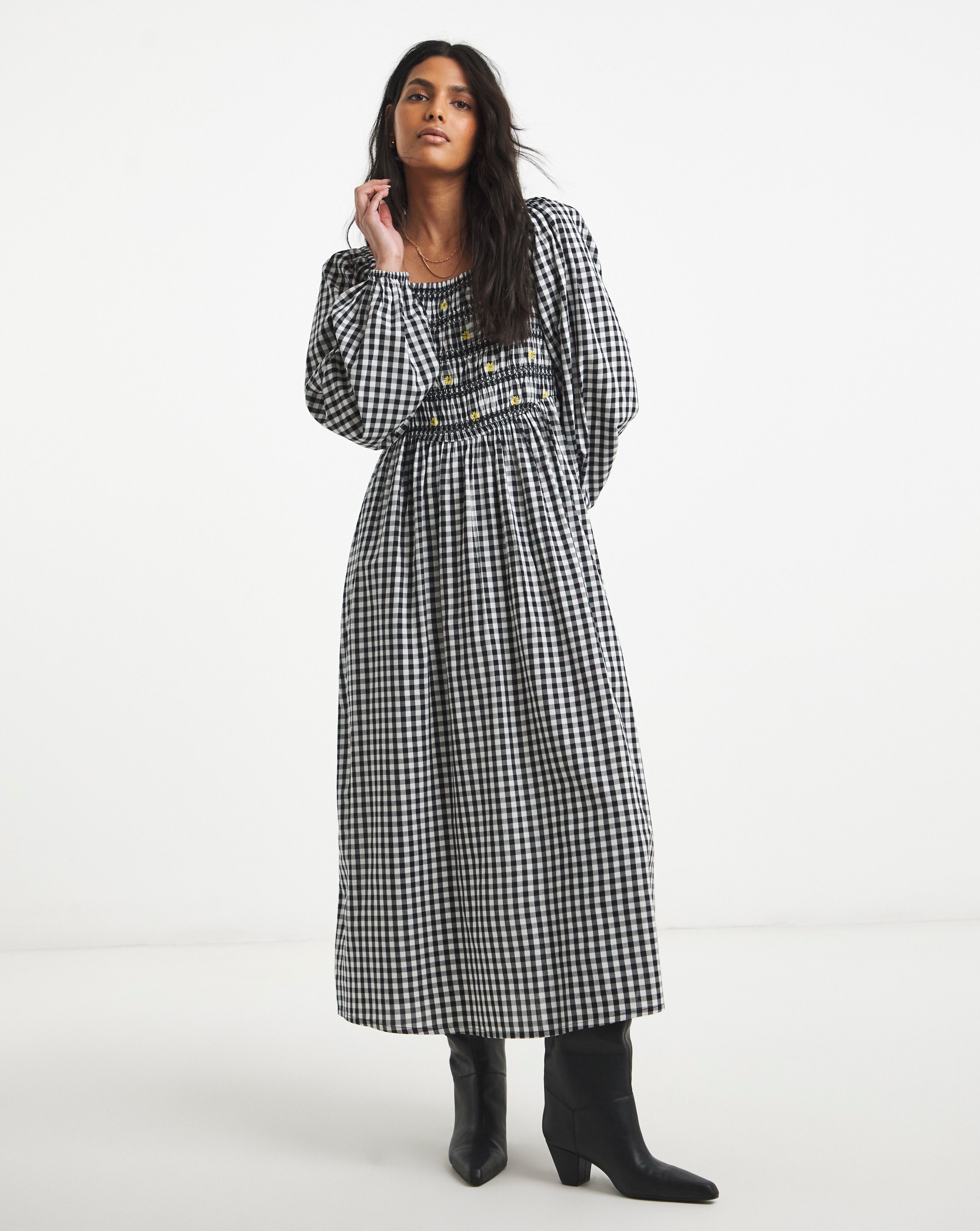 New In - Embroidered Gingham Midi Dress